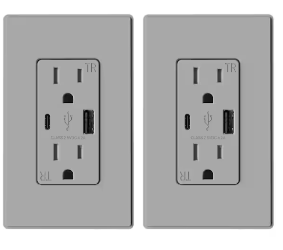 Gray US Standard 6-Hole Wall Outlet with USB-C, Dual AC Outlets Type-A+C Fast Charging Receptacle for Home