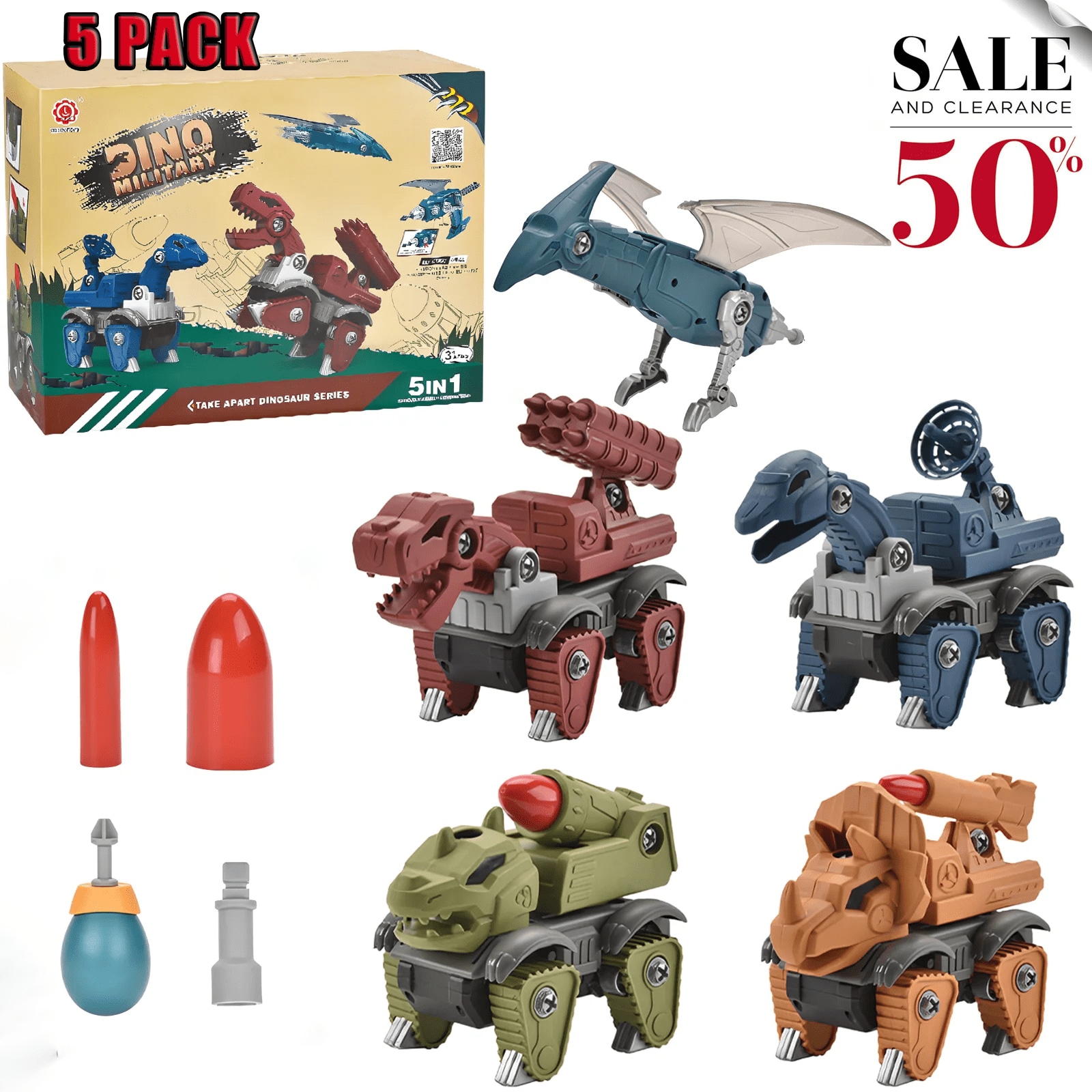 5-in-1 Take Apart Dinosaur Toys Set, STEM Educational DIY Assemble Dinosaur Vehicles with Drill, Kids Shooting Action Toy