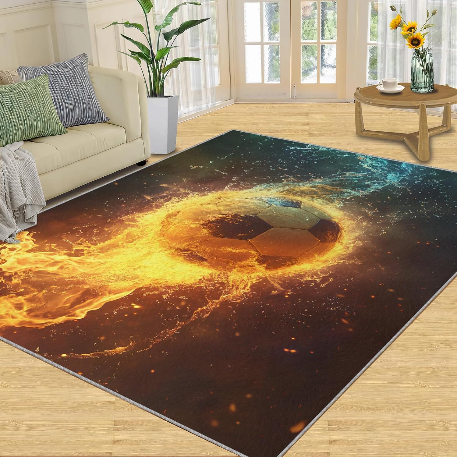 Fire & Ice Soccer Themed Rug, Non-Slip Washable Area Rug for Living Room Bedroom, Football Fan Gift