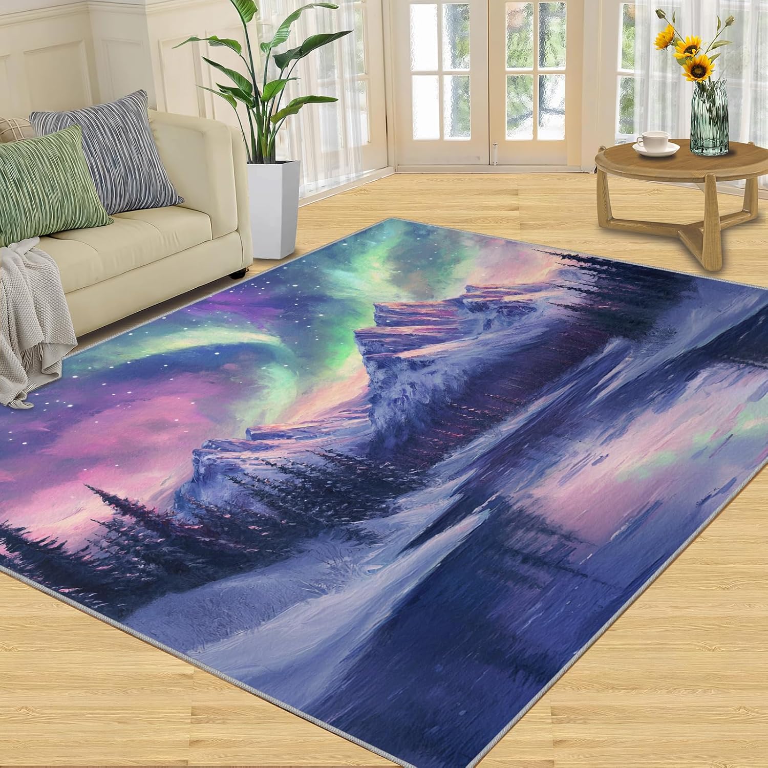 Aurora Mountain Landscape Rug, Non-Slip Washable Area Rug for Living Room Bedroom, Dreamy Nordic Decor