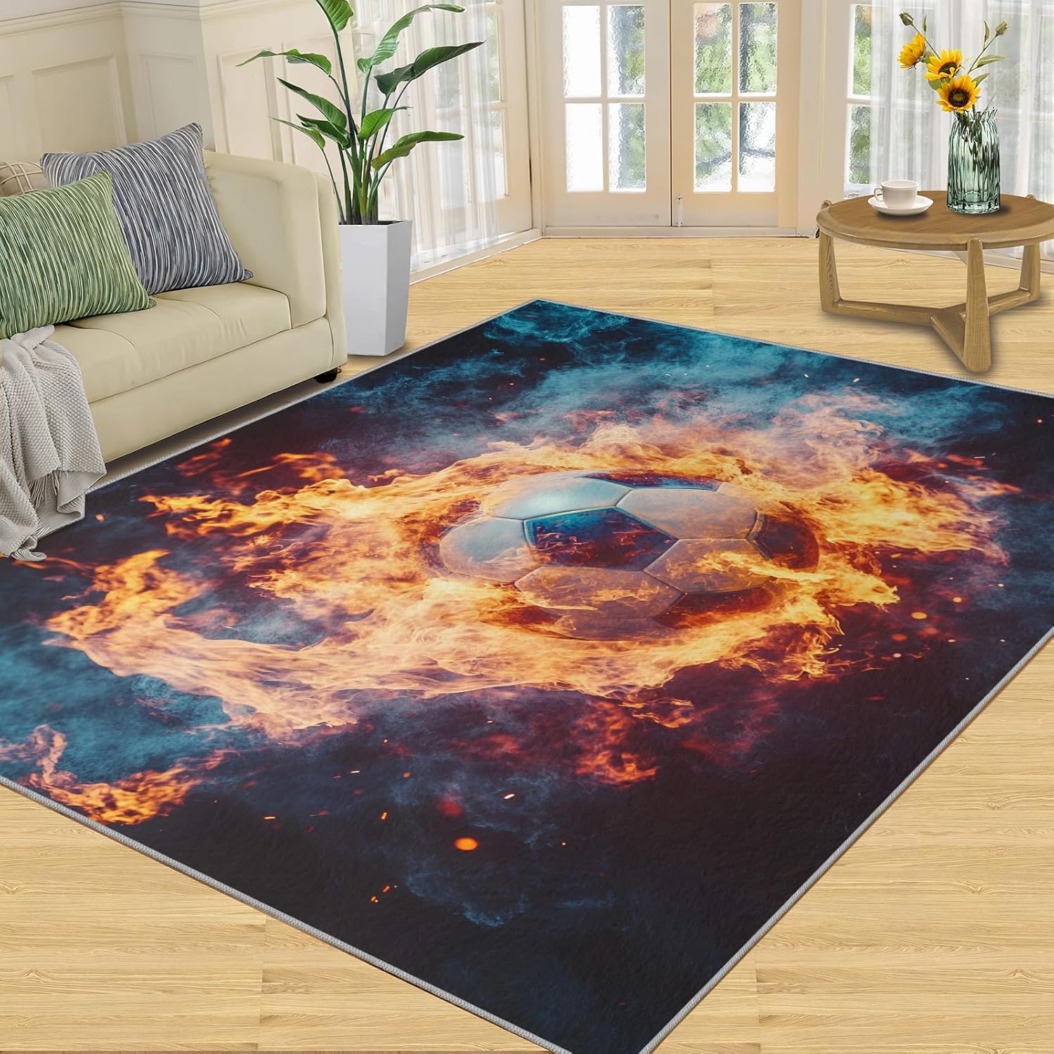 Fire & Ice Soccer Themed Rug, Non-Slip Washable Area Rug for Living Room Bedroom, Football Fan Gift
