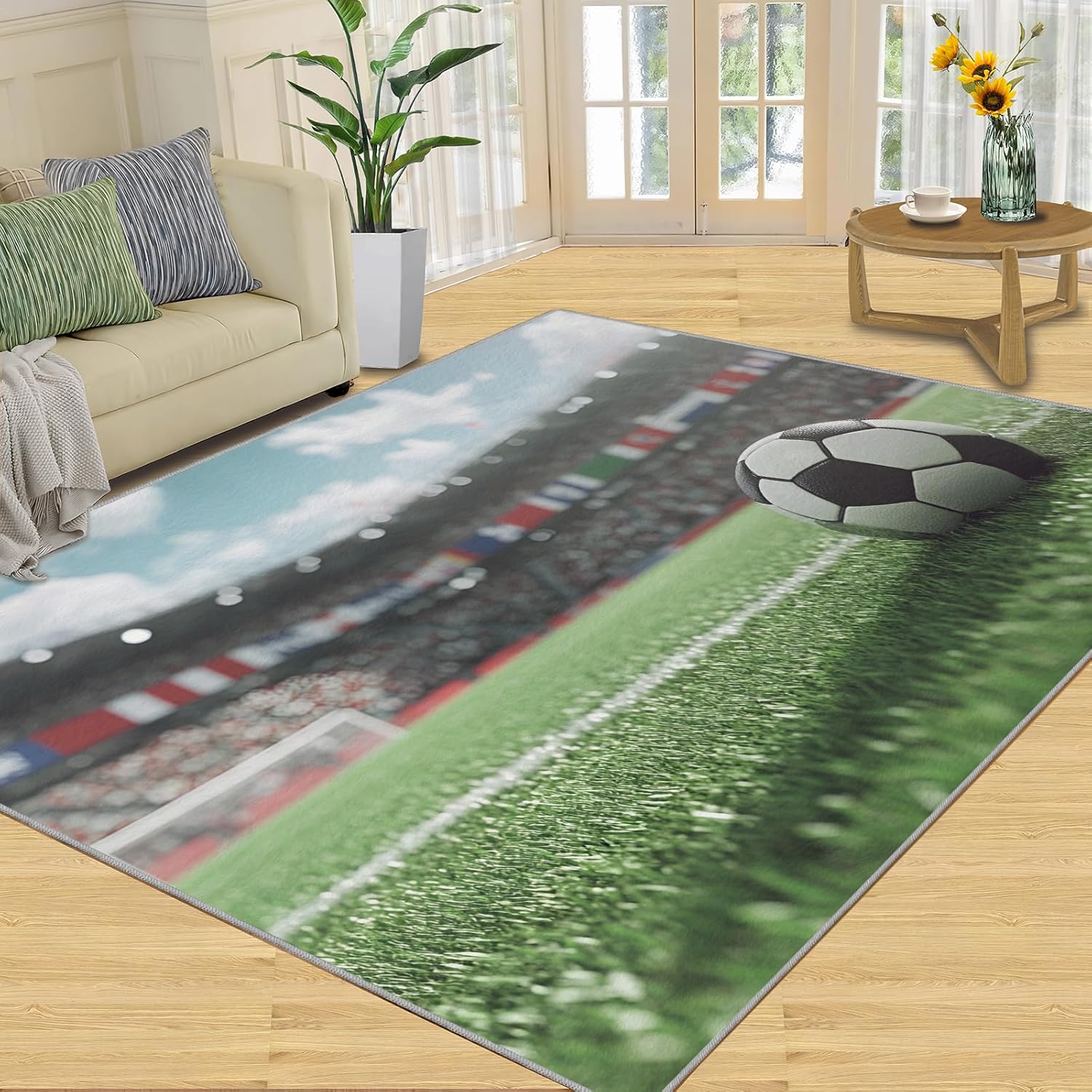 Soccer Stadium Themed Rug, Non-Slip Washable Area Rug for Living Room Bedroom Kids Room, Football Fan Gift
