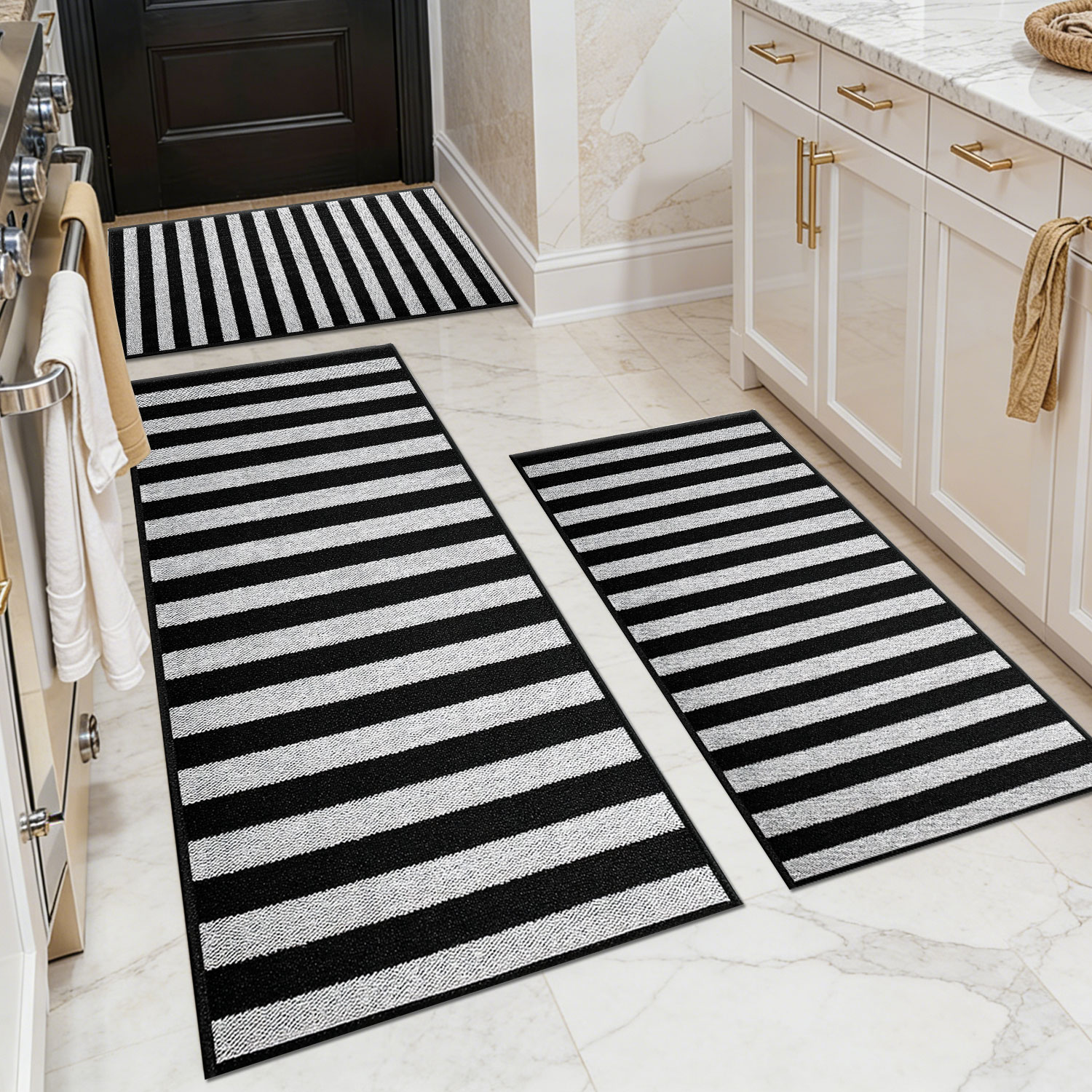 3-Piece Black and White Striped Kitchen Rug Set, Low-Pile Durable, Non-Slip, Machine-Washable, Nordic-Style Oil- and Water-Resistant Doormat