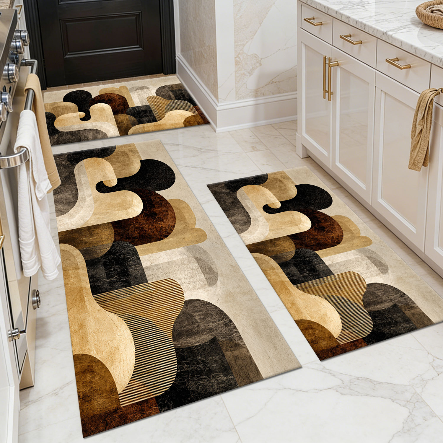 Vintage-style Geometric Patchwork Kitchen Rug Set of Three: Non-slip, Low-pile, Wear-resistant; Retro and Minimalist Design. Machine-washable, Oil- and Water-resistant Rug.