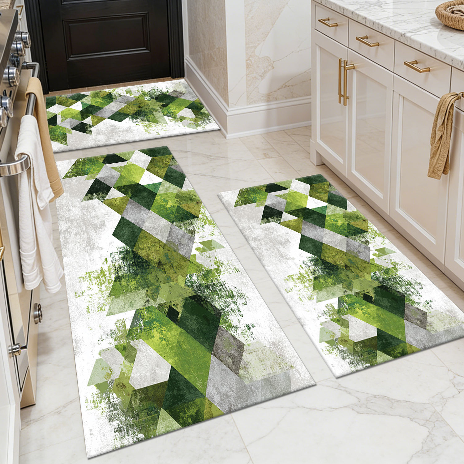 3-Piece Nordic Green Geometric Kitchen Rug Set, Non-Slip and Machine-Washable, Fresh Natural-Style Oil- and Water-Resistant Floor Mats