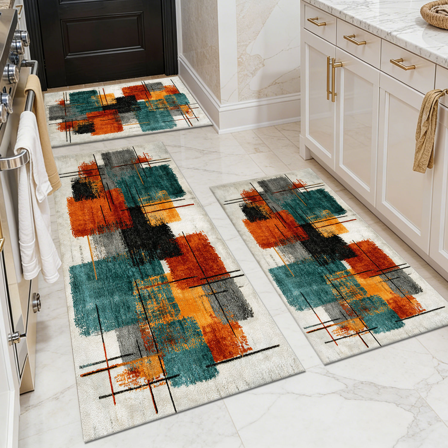 3-Piece Retro Orange and Green Abstract Geometric Kitchen Rug Set, Non-Slip, Machine-Washable, Bohemian Oil-Proof and Waterproof Floor Mats