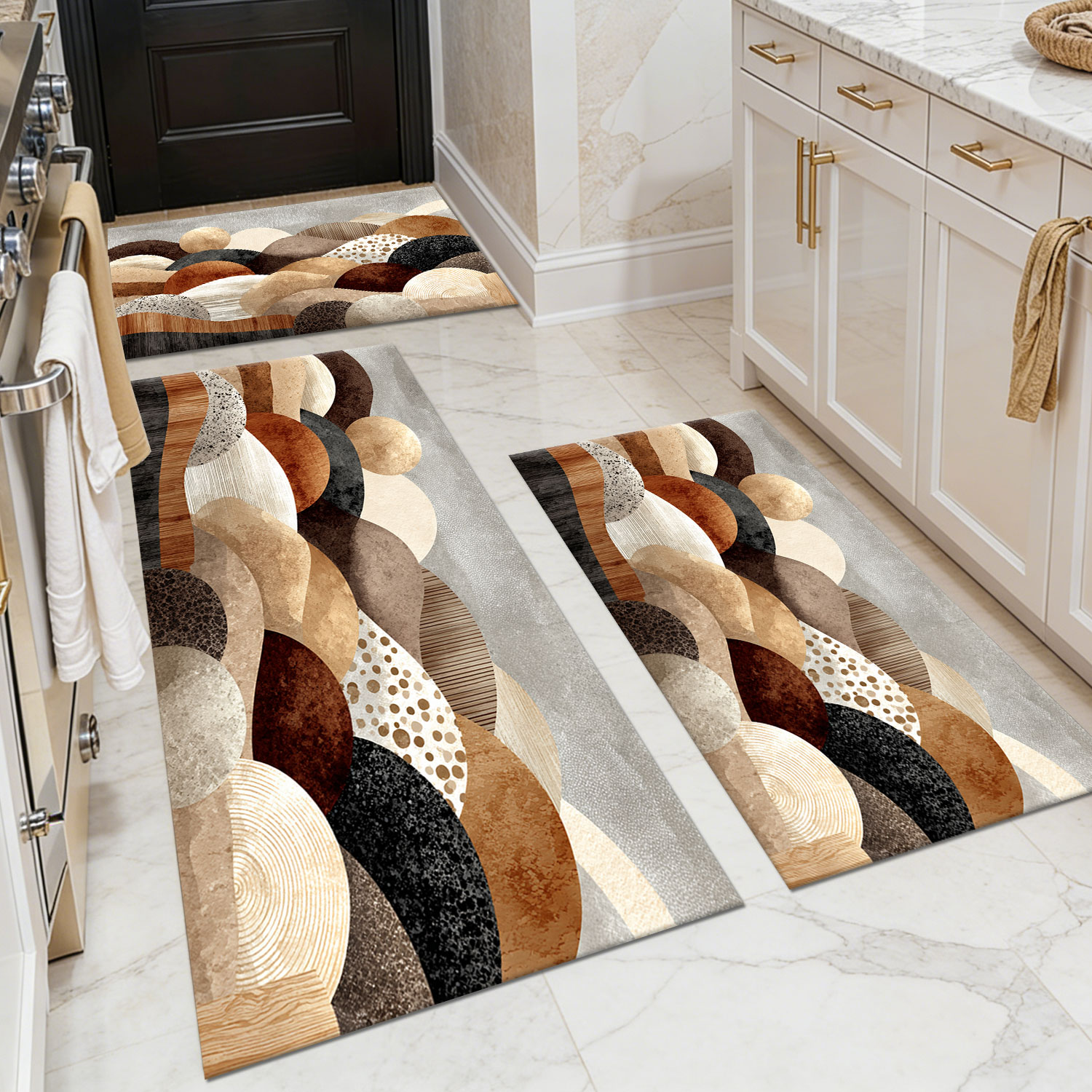3-Piece Retro Earth-Tone Semicircle Geometric Kitchen Rug Set, Non-Slip and Machine-Washable, Wabi-Sabi Style Oil-Resistant Waterproof Doormat