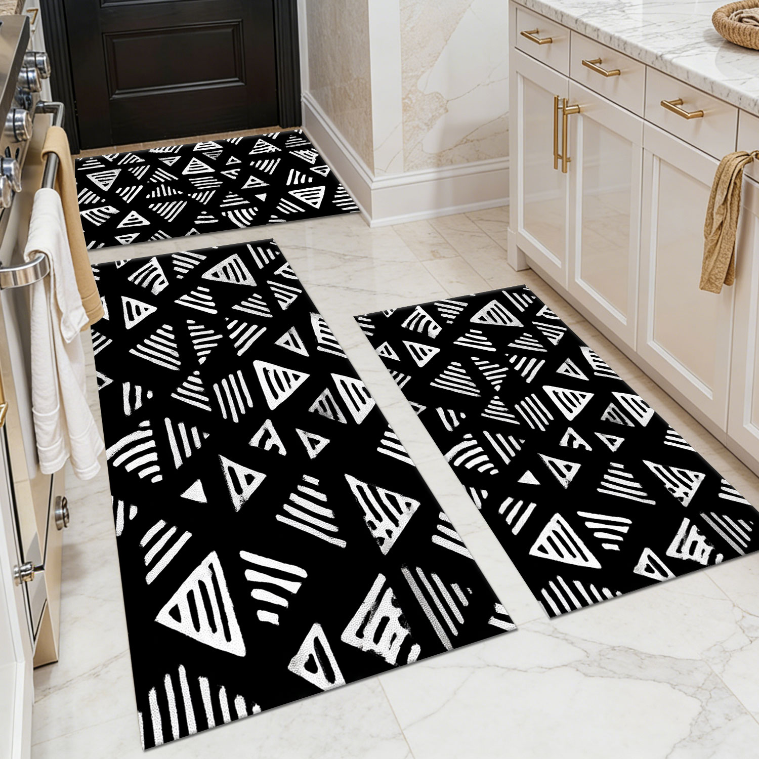 Set of 3 Black and White Tribal-Style Geometric Kitchen Floor Mats – Non-Slip, Machine-Washable, Retro Oil- and Water-Resistant Rug