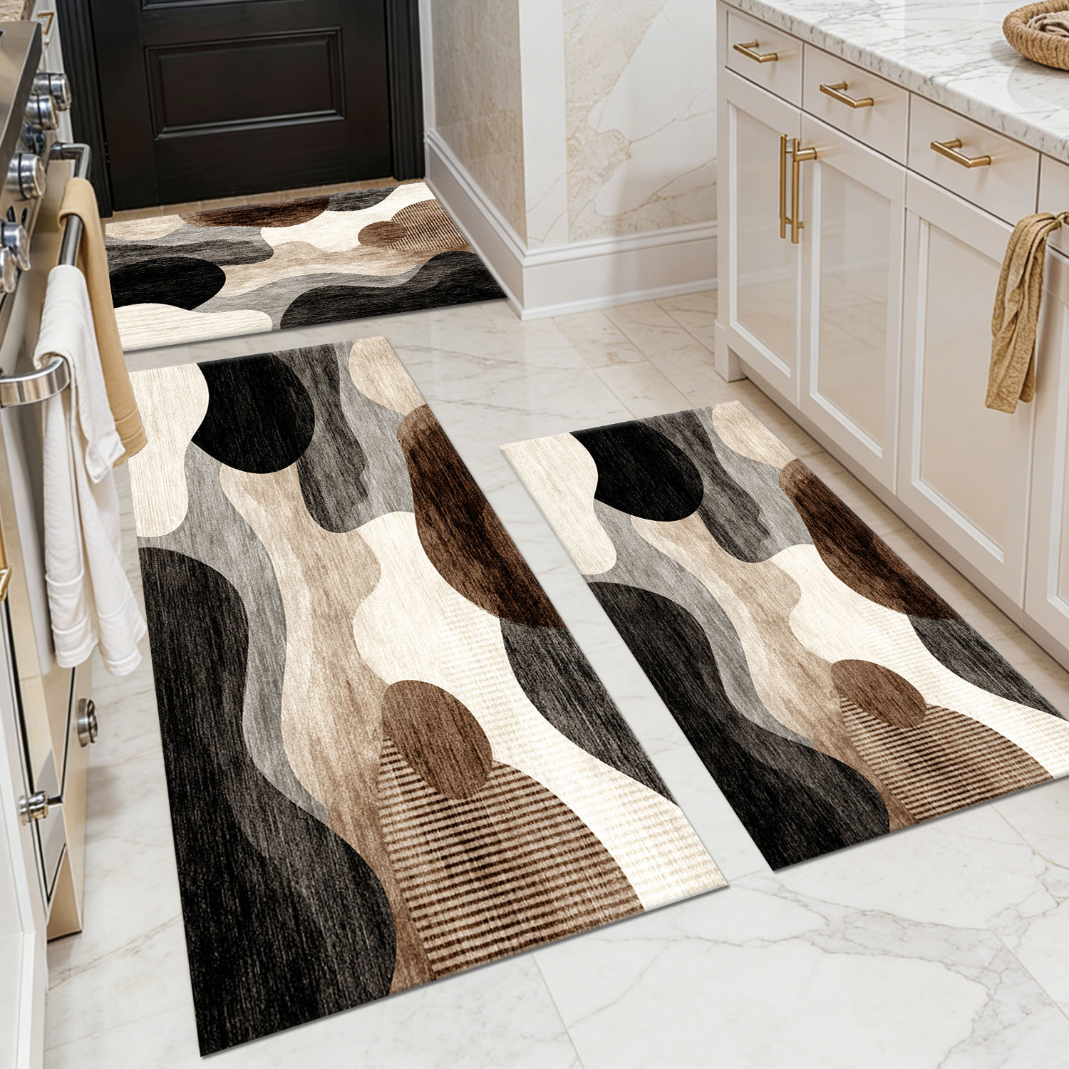 3-Piece Mid-Century Abstract Wave Kitchen Mat Set, Non-Slip Washable Wabi-Sabi Floor Mats