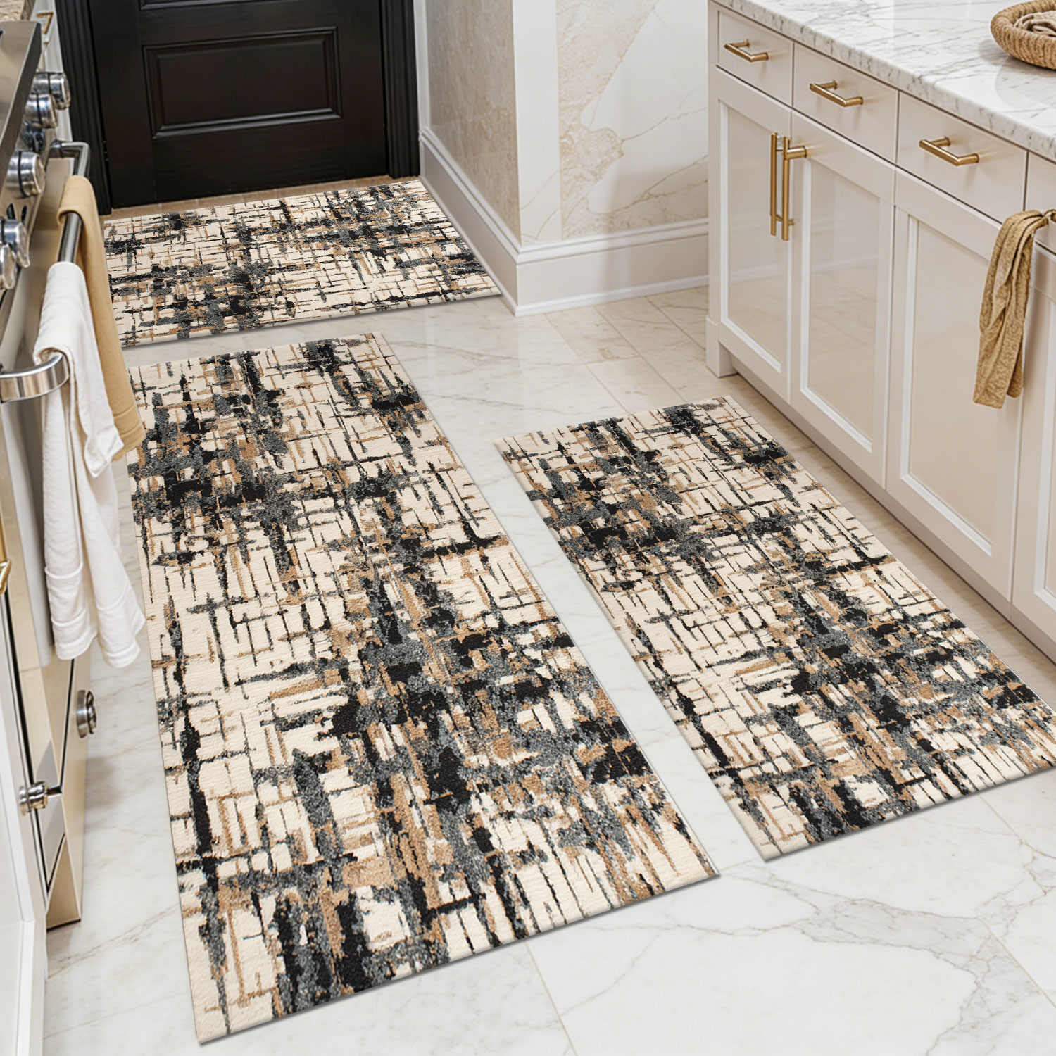 Wabi-Sabi Style Distressed Abstract Wood Grain Kitchen Rug Set of Three: Non-Slip, Low-Pile, Durable, Machine-Washable, Oil- and Water-Resistant Rug