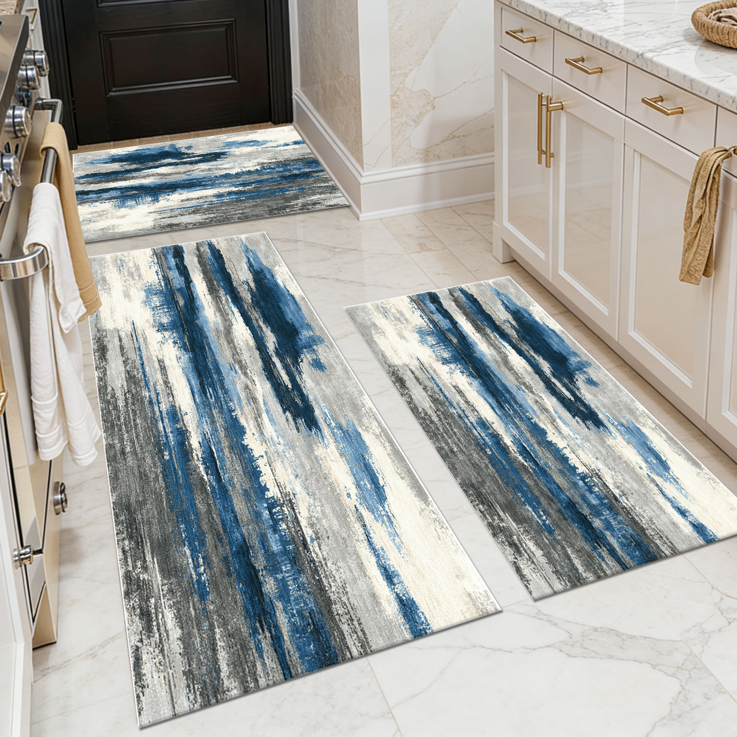 Blue-gray abstract oil painting kitchen rug set of three: non-slip, low-pile, and durable; machine-washable, oil-resistant, and waterproof.