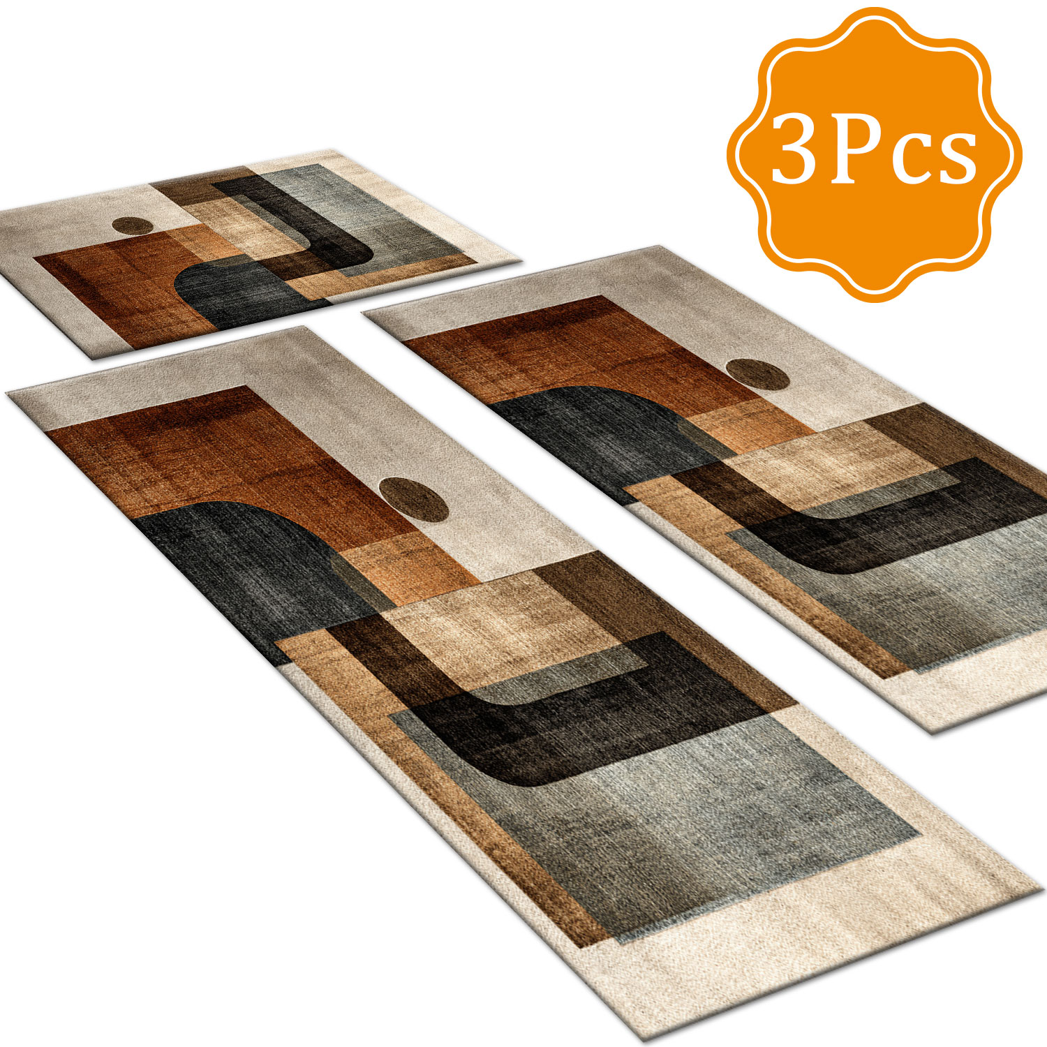 Retro Red, Brown & Black Semi-Circle Geometric Kitchen Rug Set of 3, Non-Slip Low-Pile Washable Floor Mats