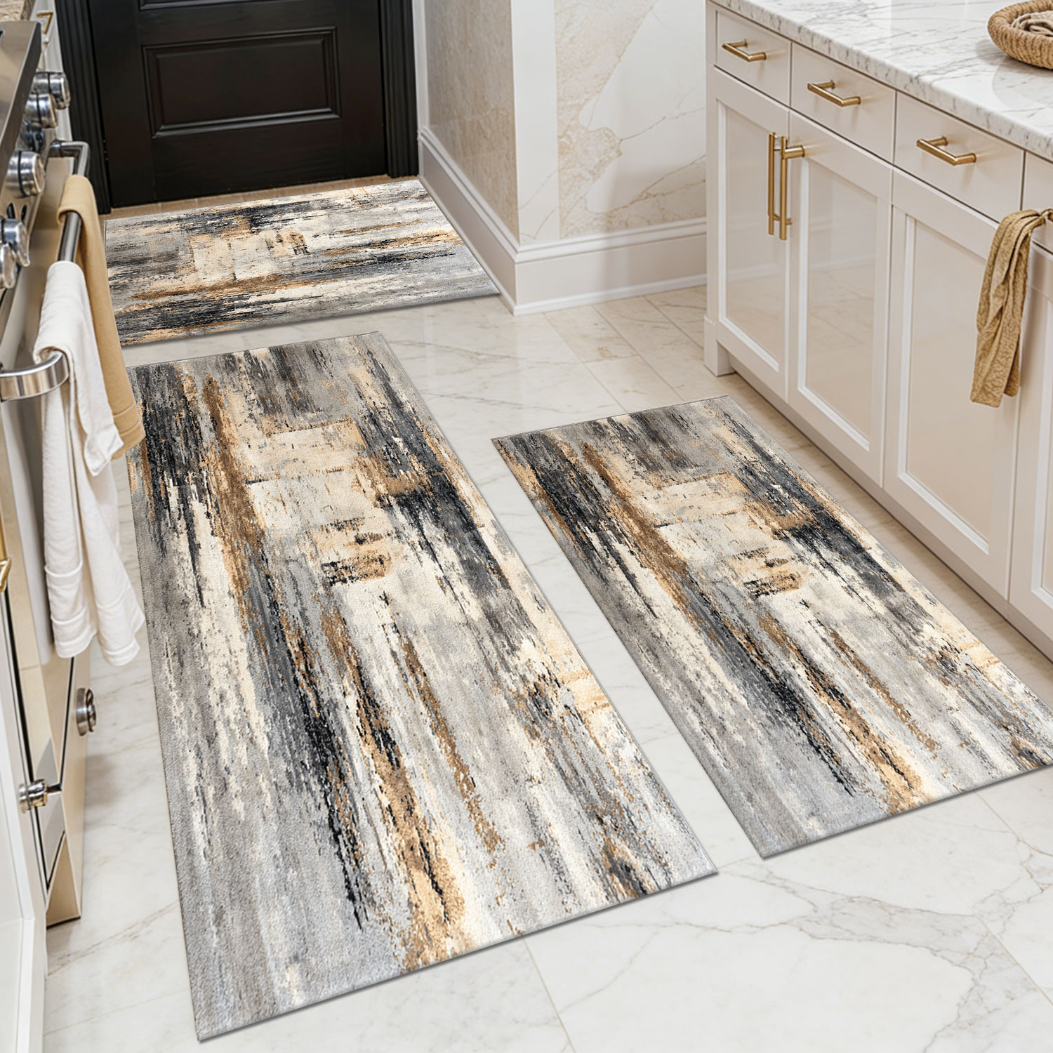 3-piece set of brown gray wood grain design carpet American country non-slip low velvet wear-resistant washable oil-proof waterproof floor mat