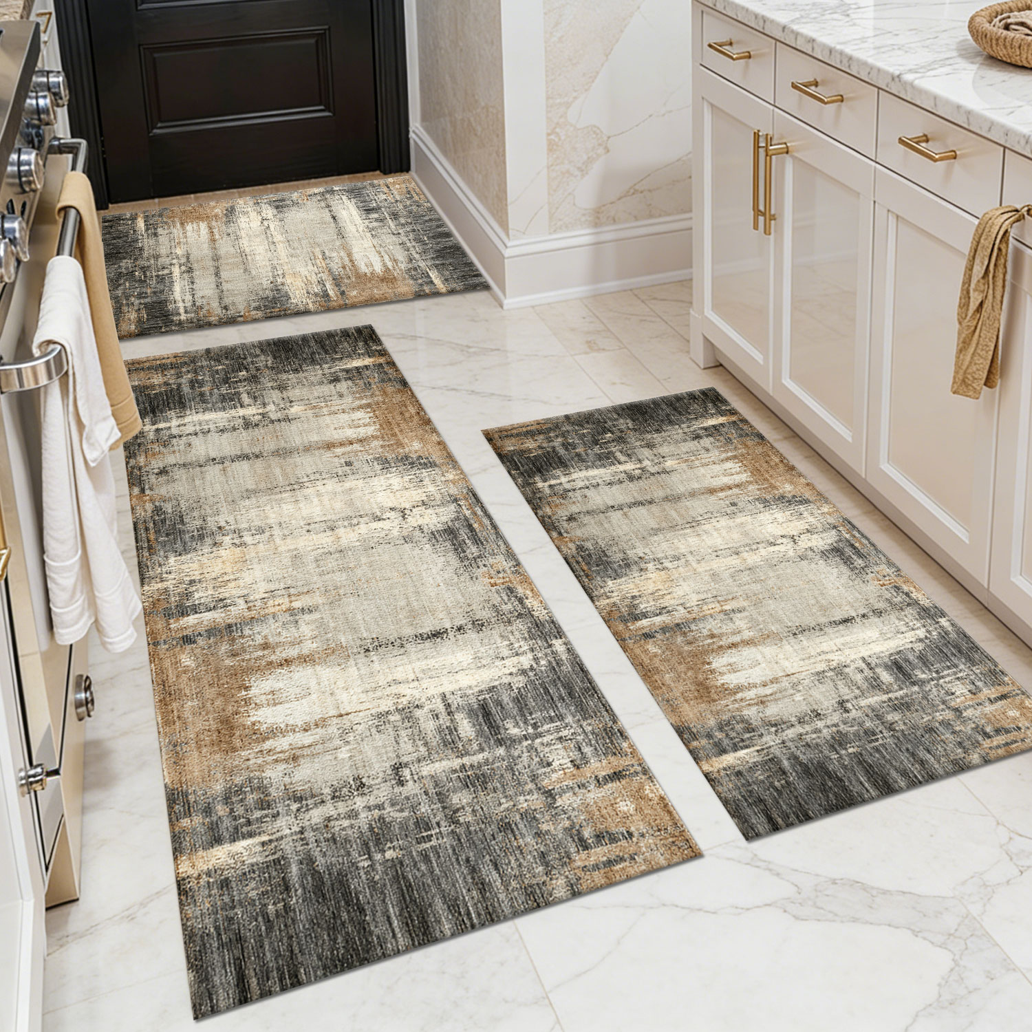 Off-White Base Gray & Gold Distressed Abstract Kitchen Rug Set of 3, Non-Slip Low-Pile Washable Floor Matsand waterproof.