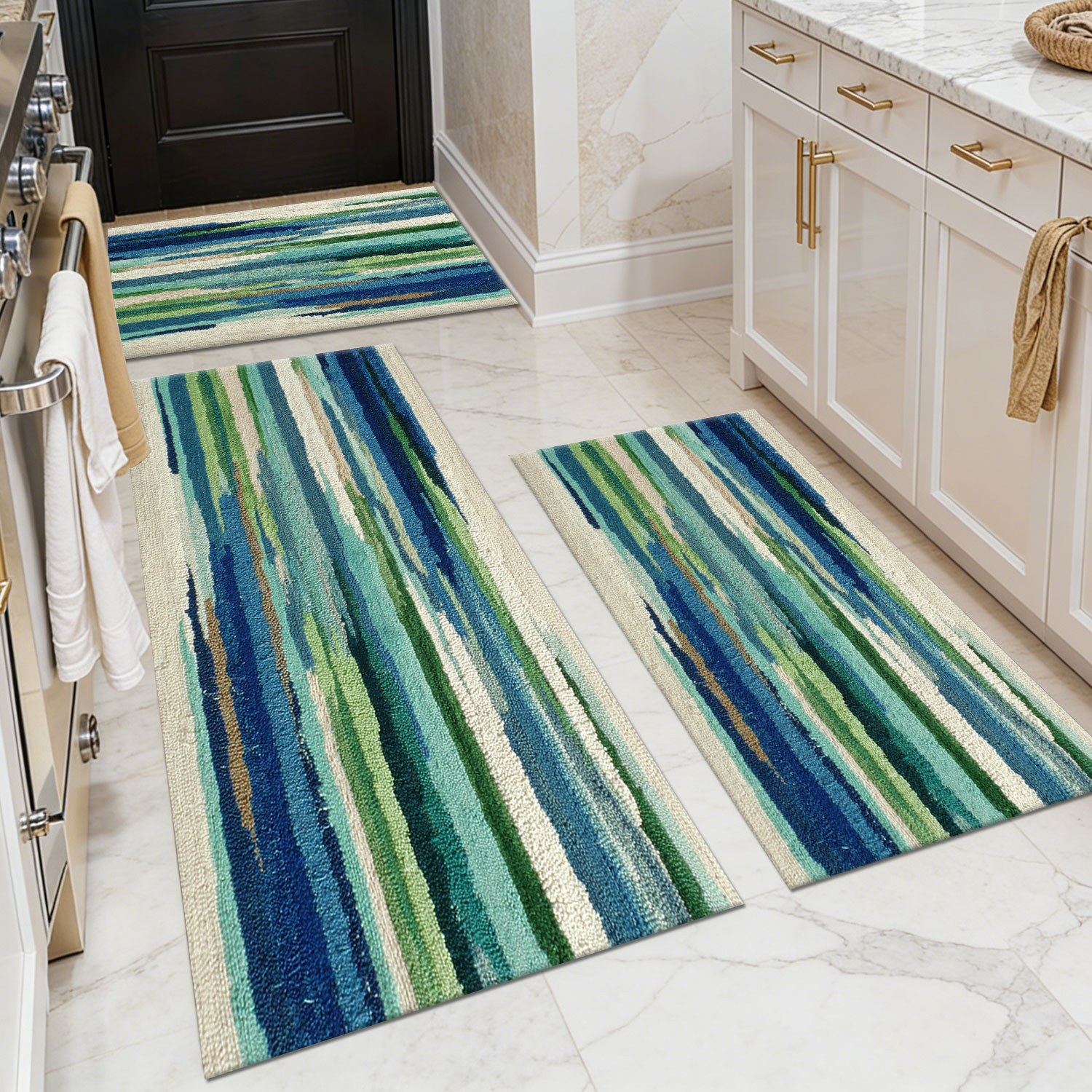 3-Piece Fresh Blue & Green Striped Kitchen Mat Set, Non-Slip Washable Nordic Floor Mats