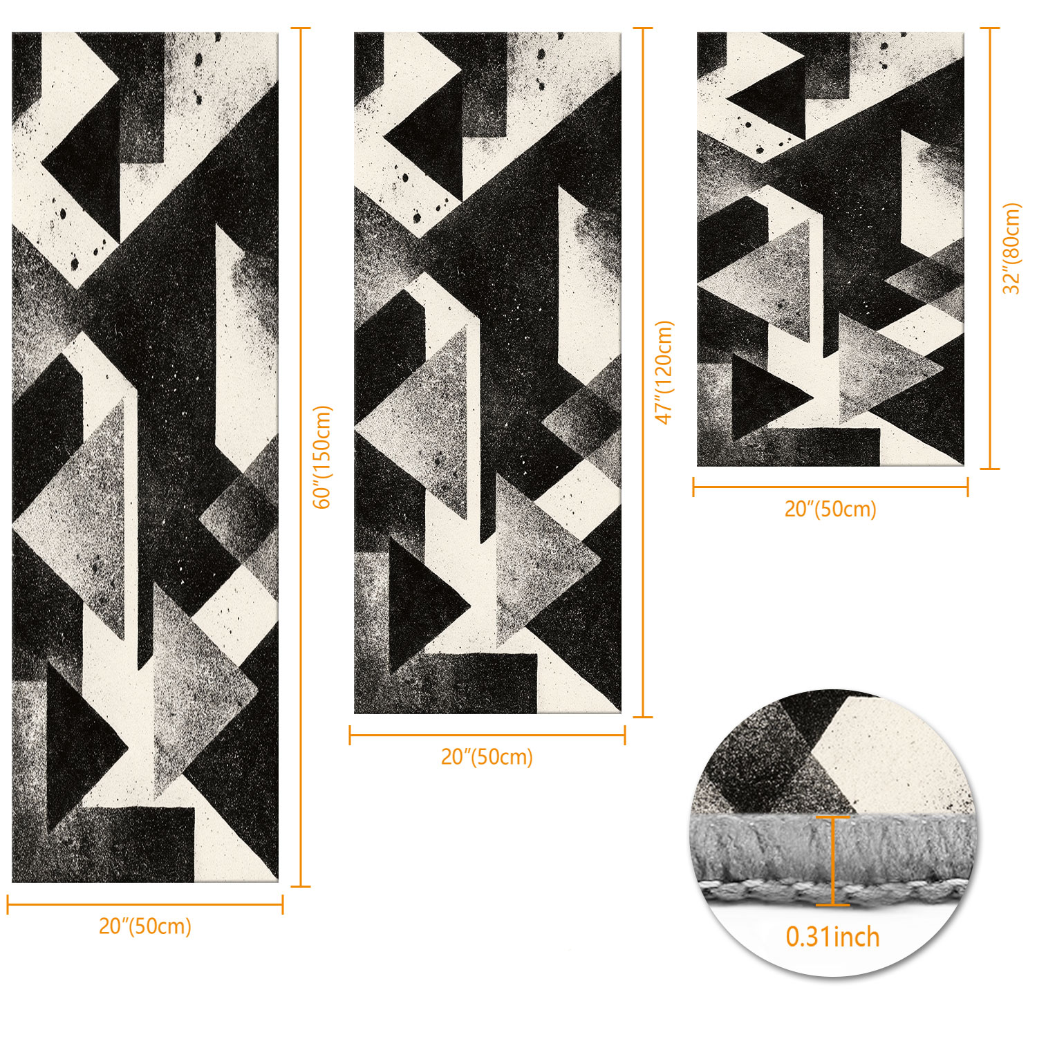 Black and White Triangular Patchwork Kitchen Rug Set of Three: Non-Slip, Low-Pile, Wear-Resistant, Machine-Washable, Oil- and Water-Proof Rug