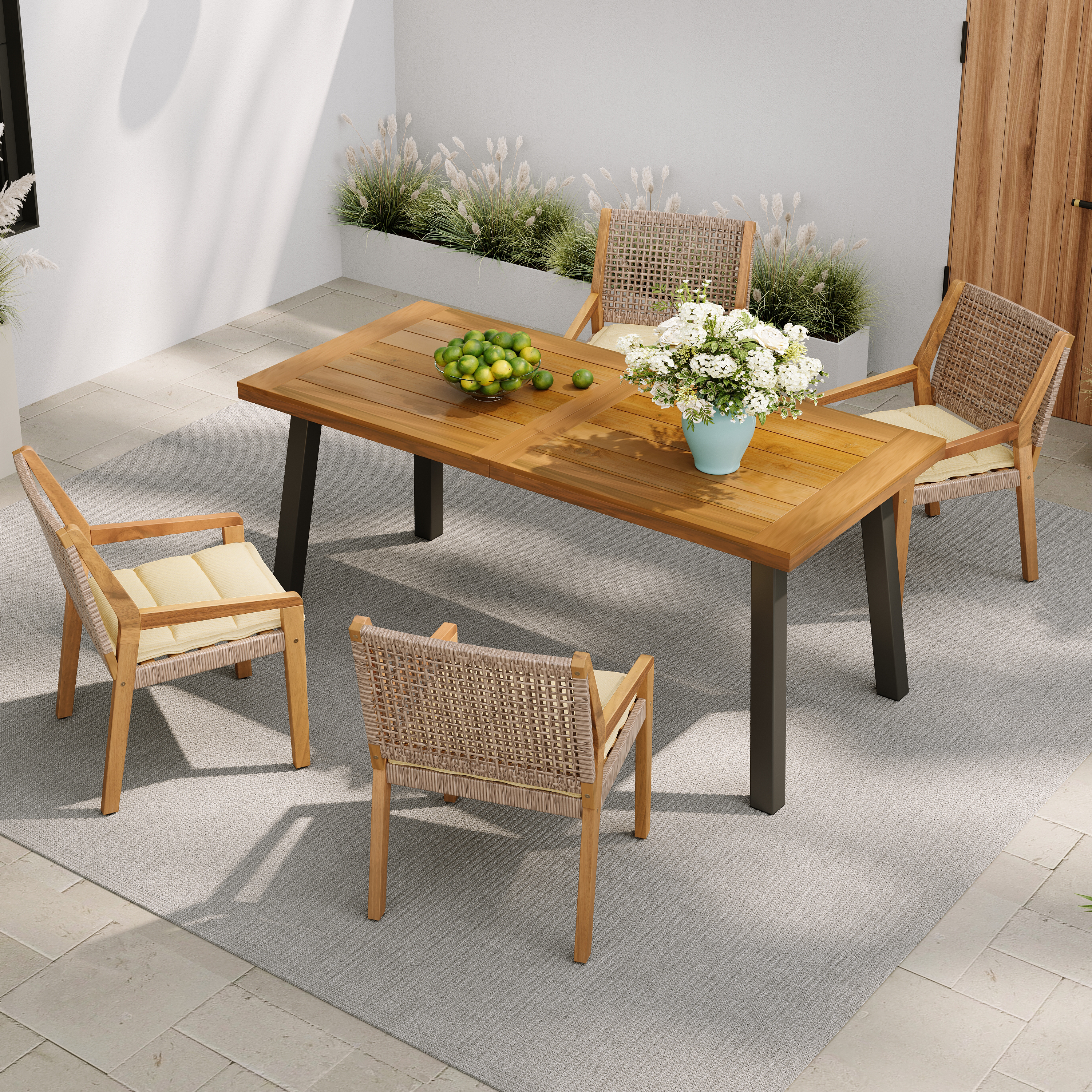 Outdoor Dining Set – Premium Acacia Wood Della Table & Wicker Chairs with Cream Cushion for Comfortable Dining Experience,Suitable for large gatherings(1 Table + 4 Chairs)