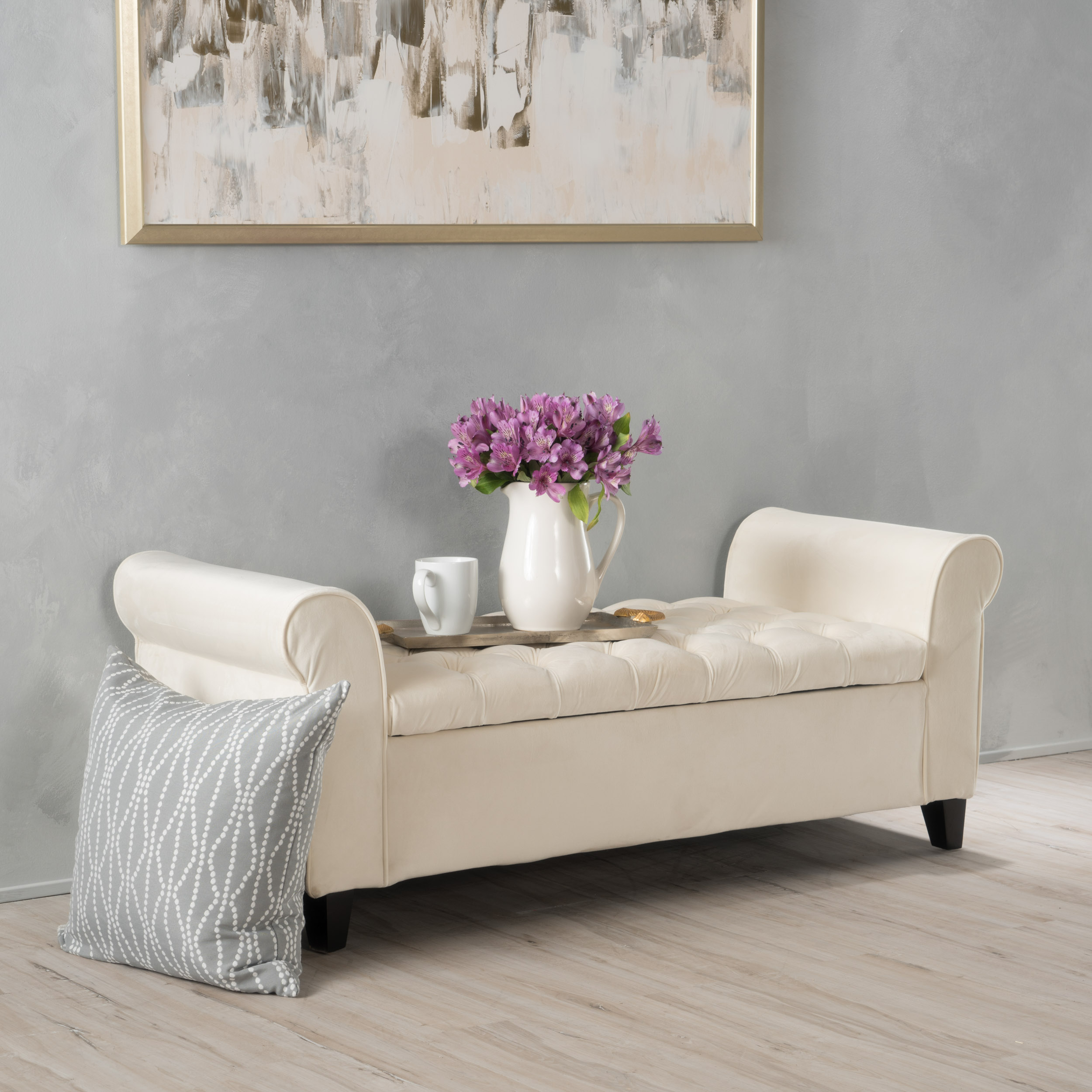 lvory Fabric Storage Bench with Rolled Arms, 38