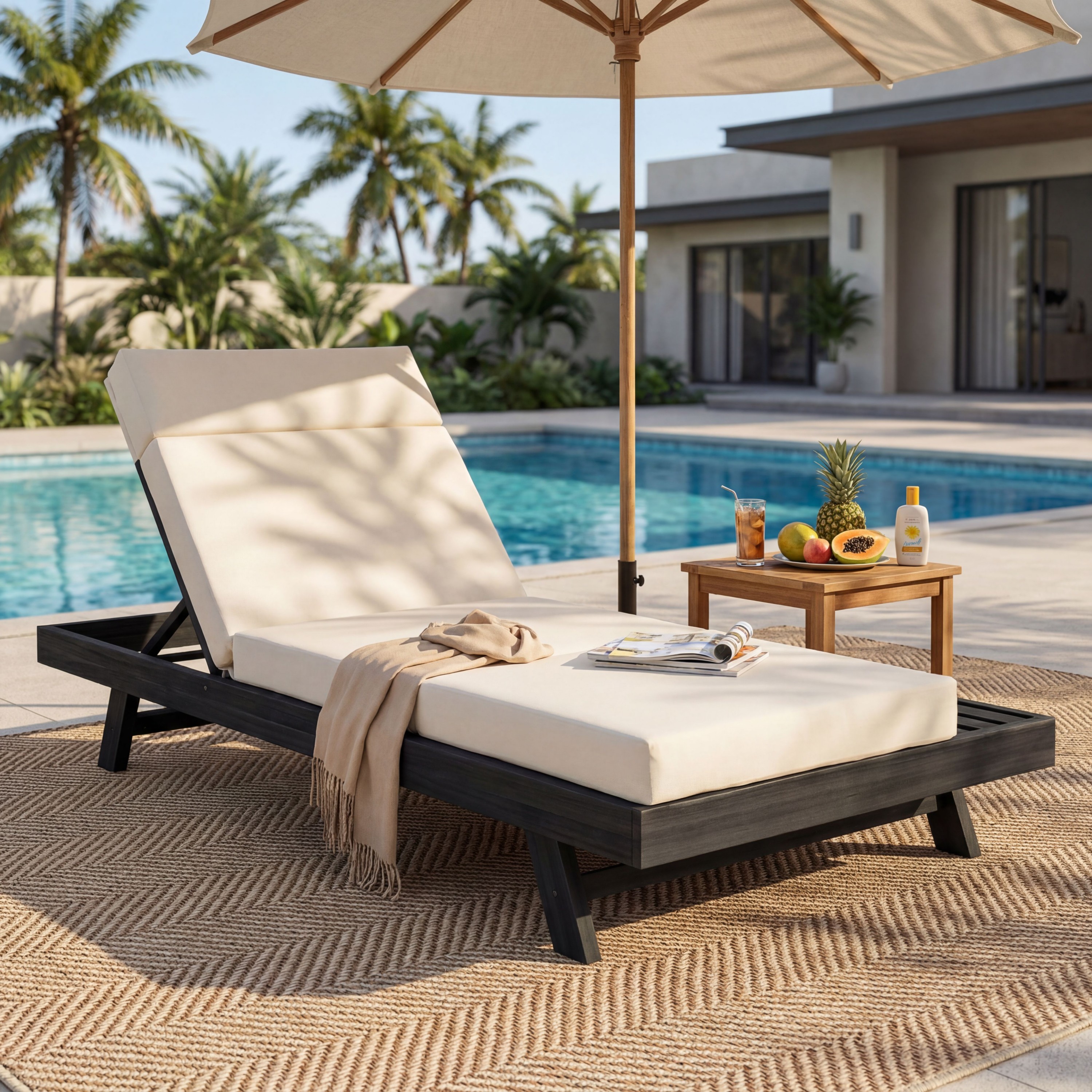 Lounge Chaise Set With Headrest, Space Available On One Side, Acacia Wood In Black With Water-Resistant Lounge Cushions (Cream & 3-Fold & 4 Inch) – Matching Dark Grey/Beige Version Available