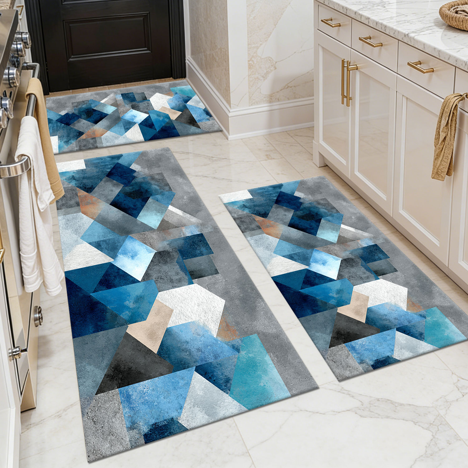 3-Piece Modern Watercolor Geometric Kitchen Mat Set, Non-Slip Washable Floor Mats