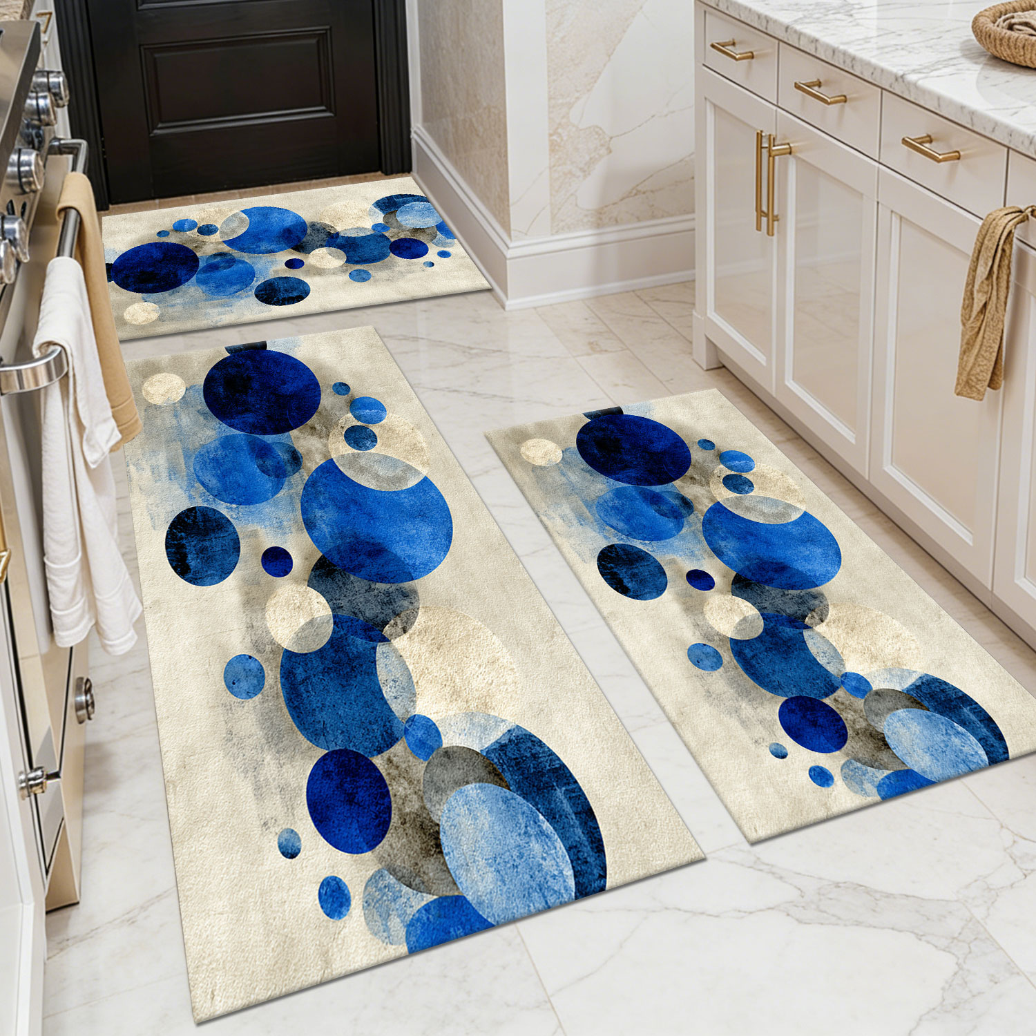 3-Piece Modern Watercolor Dot Kitchen Mat Set, Non-Slip Washable Floor Mats