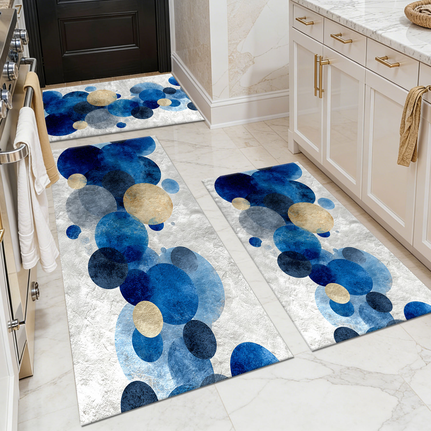 Blue Watercolor Dot Art Kitchen Rug Set of 3, Non-Slip Washable Floor Mats