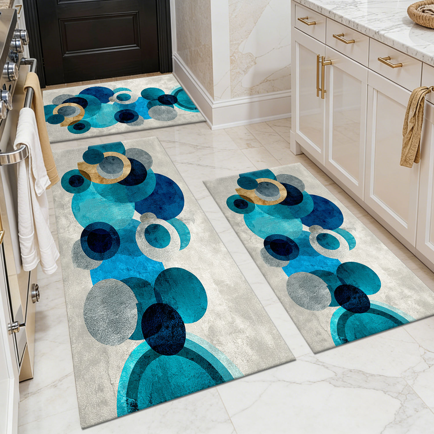 3-Piece Blue-Grey Watercolor Polka-Dot Kitchen Rug Set, Non-Slip, Machine-Washable, Oil- and Water-Resistant Floor Mats