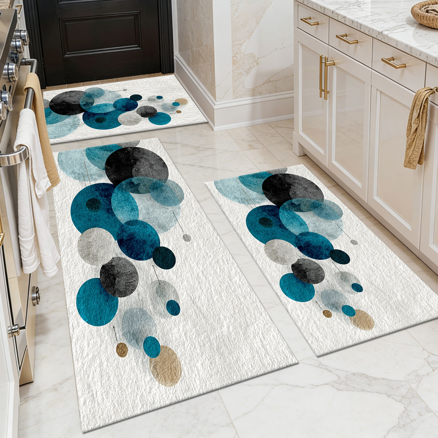 3-piece set of floor mat blue and white watercolor dot art kitchen bedroom living room non-slip wear-resistant machine washable oil-proof waterproof floor mat