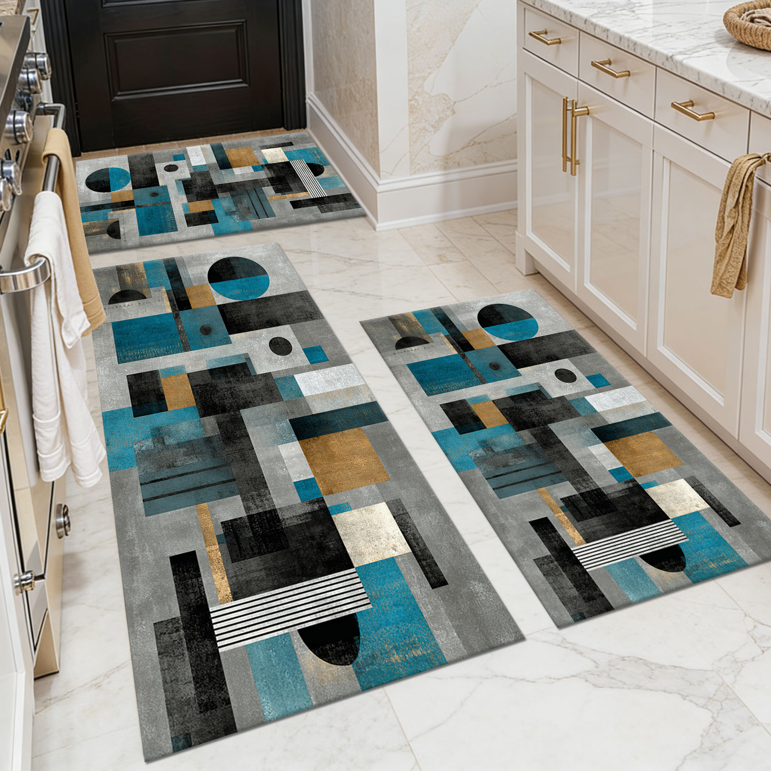 3-Piece Bauhaus Geometric Art Kitchen Mat Set, Non-Slip Washable Floor Mats
