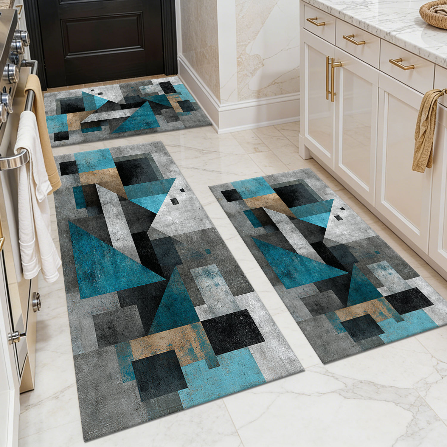 Blue Gray Brown Modern Bauhaus Geometric Kitchen Rug Set of 3, Non-Slip Washable Floor Mats