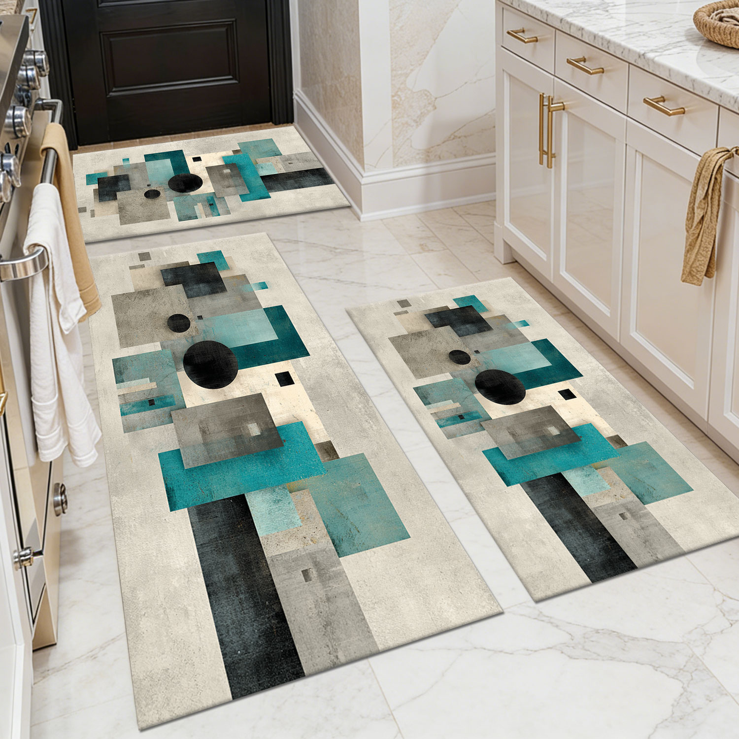 3PCS Geometric Kitchen Mats Blue Gray Brown Square Stitched Non Slip Washable Waterproof Rug