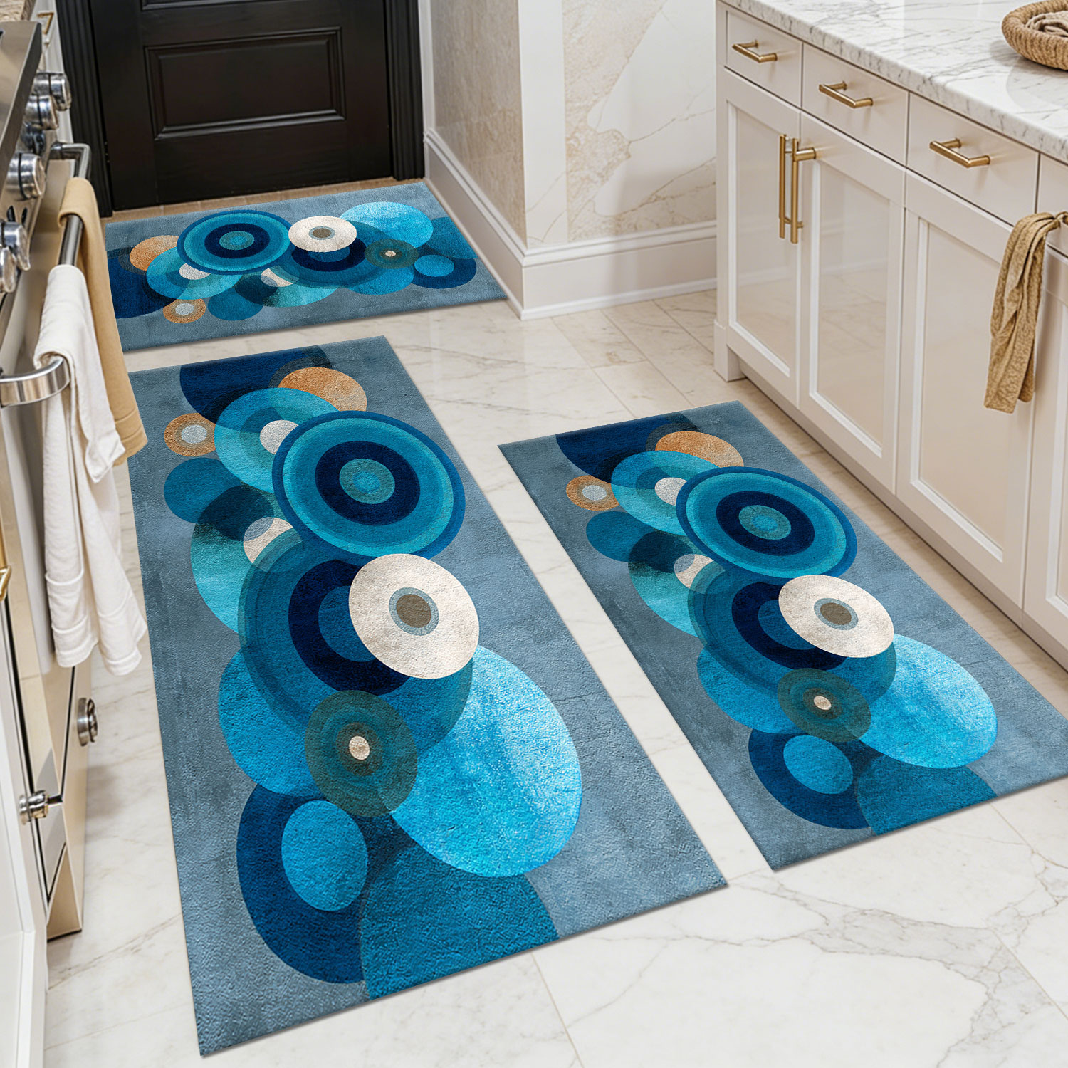 3-Piece Blue Abstract Circle Kitchen Mat Set, Non-Slip Washable Floor Mats
