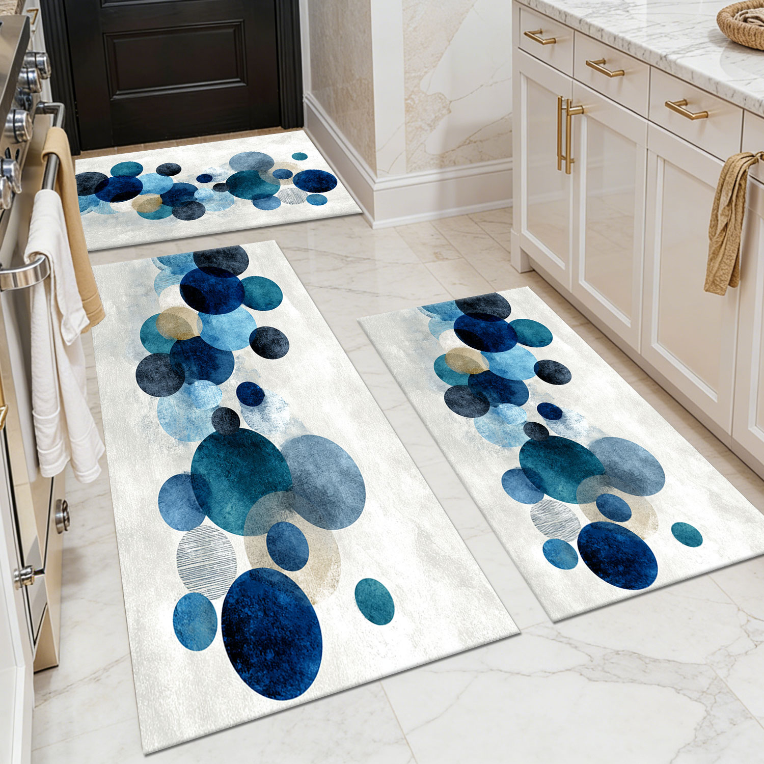 3-Piece Floor Mat Set in Artistic Blue and Gray with Polka Dots—Suitable for Kitchen, Bedroom, and Living Room; Non-Slip, Machine-Washable, Oil- and Water-Resistant Foot Mat
