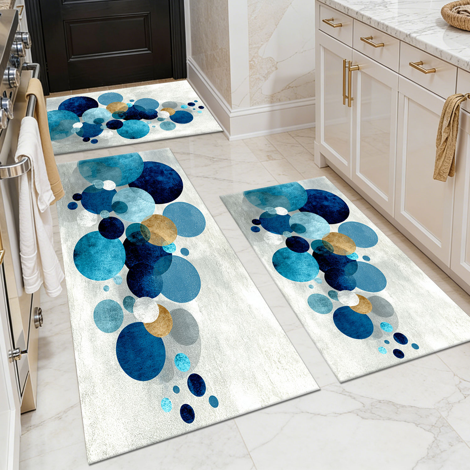Set of 3 Beige-Base Blue-Patterned Polka-Dot Kitchen Floor Mats – Non-Slip, Machine-Washable, Oil- and Water-Resistant Foot Mats