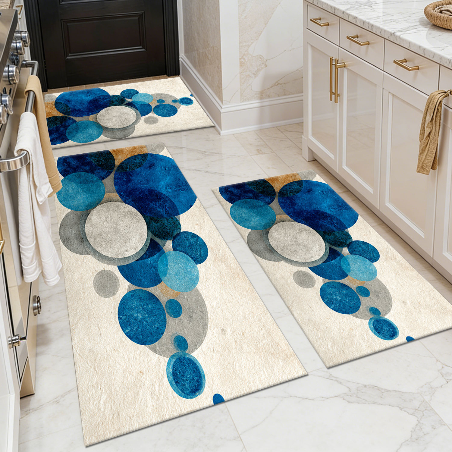 Set of 3 Blue-Grey Abstract Large-Dot Kitchen Floor Mats, Non-Slip and Machine-Washable, Wabi-Sabi–Style Oil- and Water-Resistant Foot Mats