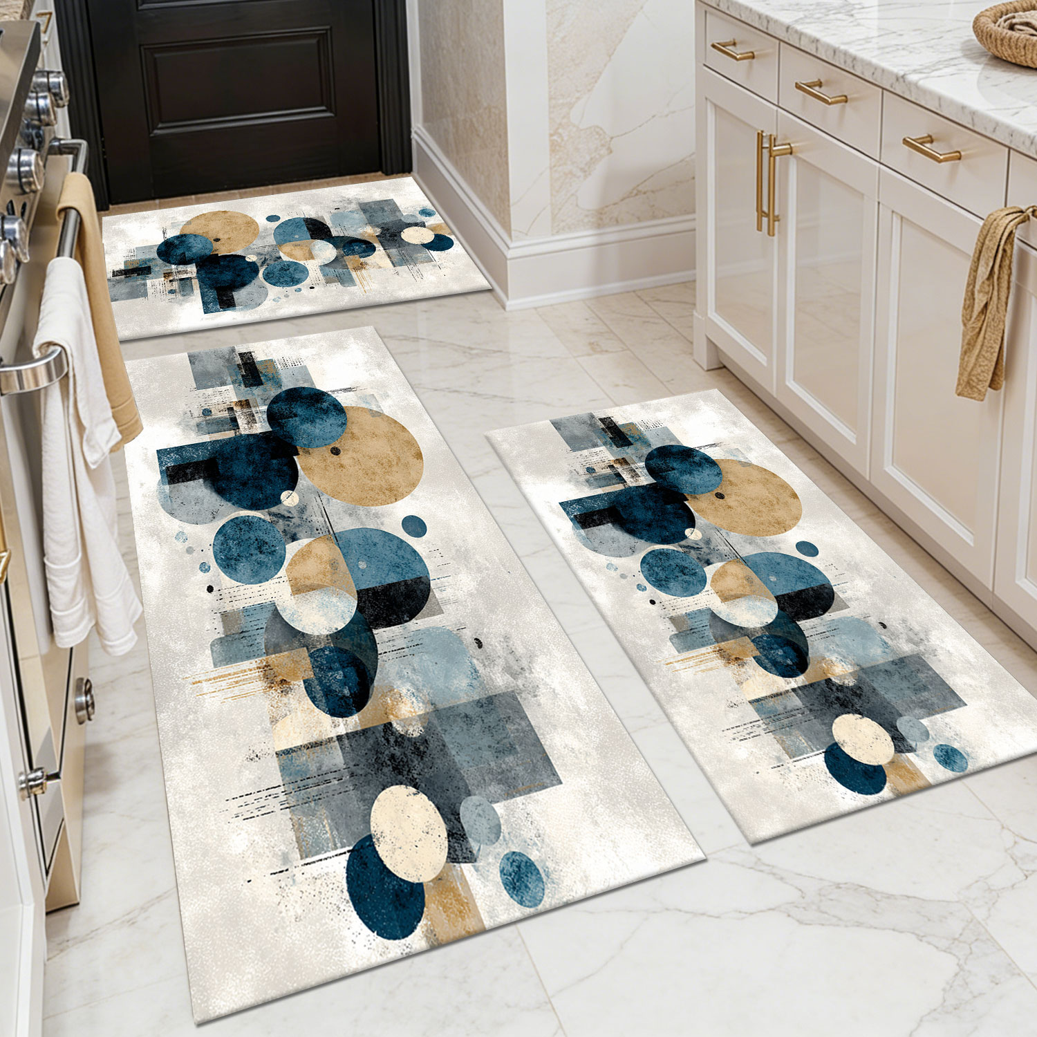 3-Piece Modern Geometric Abstract Kitchen Mat Set, Non-Slip Washable Floor Mats