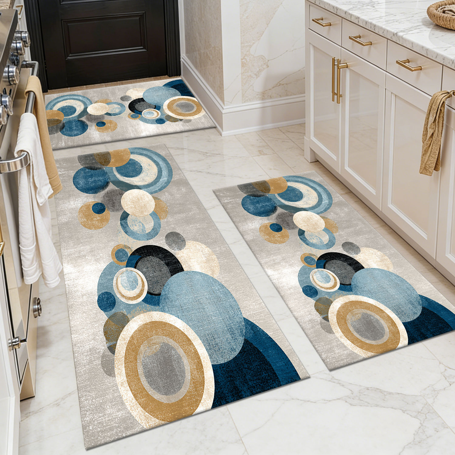 Blue-Grey-Gold Abstract Circular Art Kitchen Rug Set of Three – Non-Slip, Wear-Resistant, Machine-Washable, Oil- and Water-Proof Floor Mat