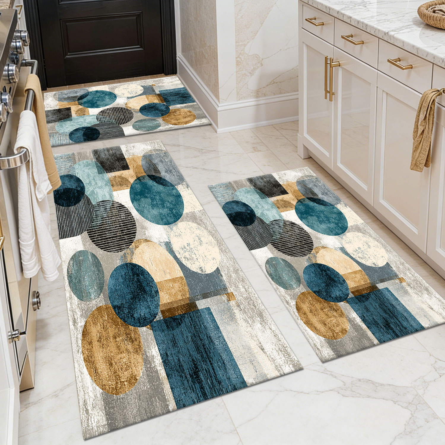 Round and Square Geometric Blue, Gray, and Gold Abstract Art Kitchen Rug Set—Non-Slip, Wear-Resistant, Machine-Washable, Oil- and Water-Proof Rugs