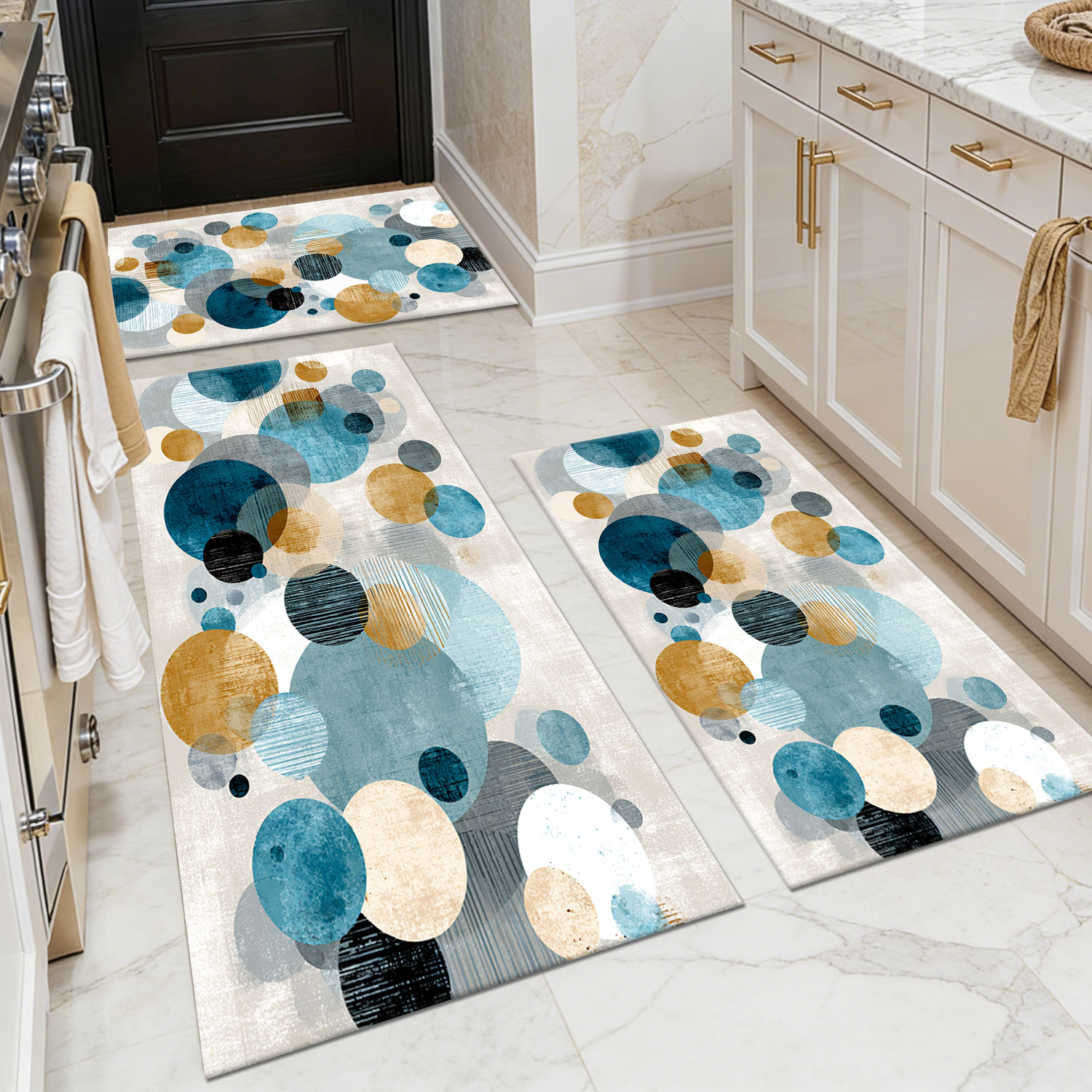 Geometric Dot Blue-Grey-Gold Abstract Watercolor Kitchen Rug Set of Three – Non-Slip, Wear-Resistant, Machine-Washable, Oil- and Water-Proof Floor Mat