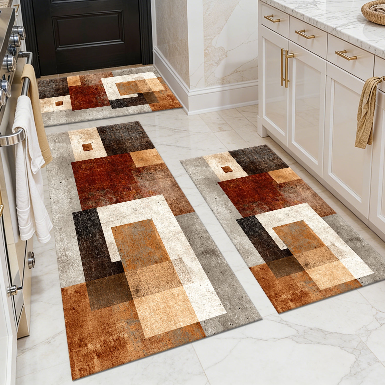 3-Piece Retro Earth Tone Geometric Kitchen Mat Set, Non-Slip Washable Floor Mats