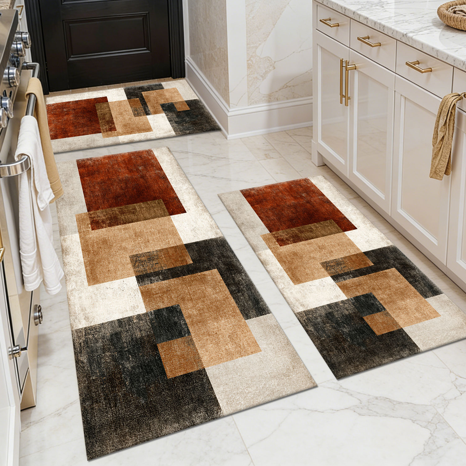 Brown-gray distressed geometric kitchen rug set of three: non-slip, wear-resistant, machine-washable, oil‑resistant, and waterproof.