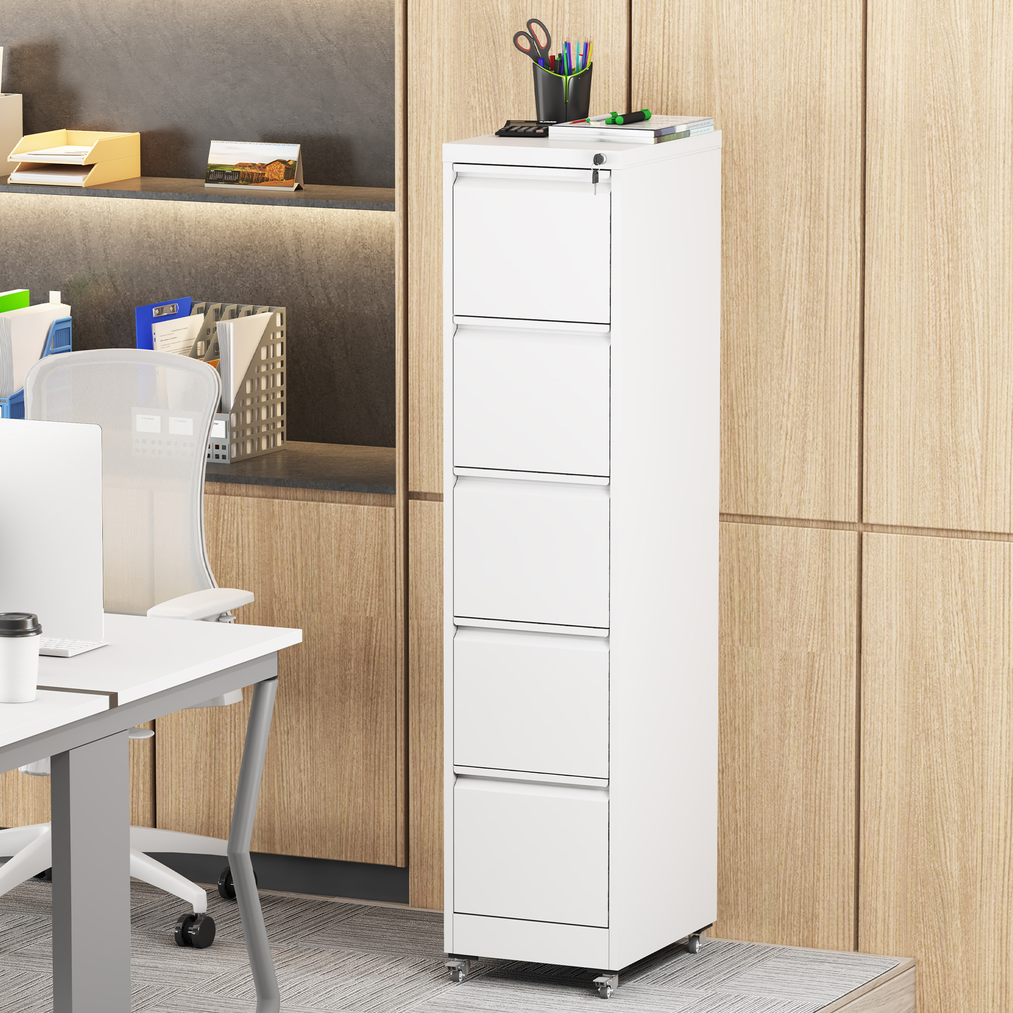 5 Drawer Metal Vertical File Cabinet with Lock on Wheels for Home Office,Heavy Duty Metal Storage Cabinet for A4/Letter/Legal Size Files, White, 17.71