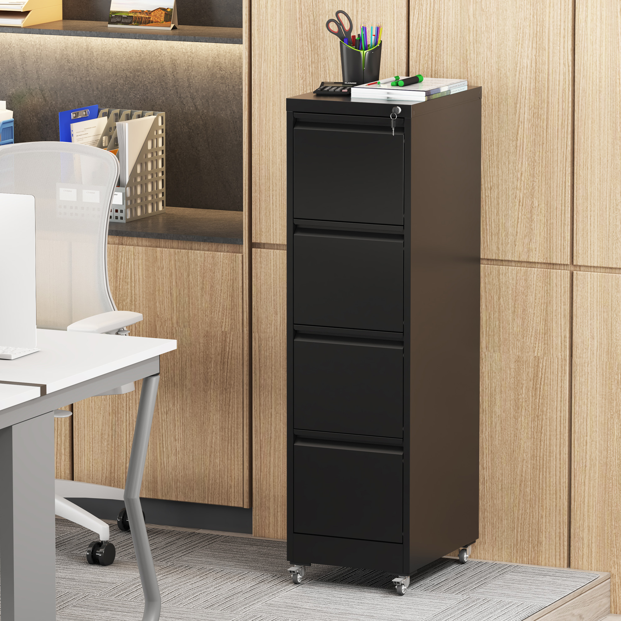 4 Drawer Metal Locking Vertical File Cabinet on Wheels – Heavy-Duty Lockable Cabinet for Home & Office, Black, 17.71