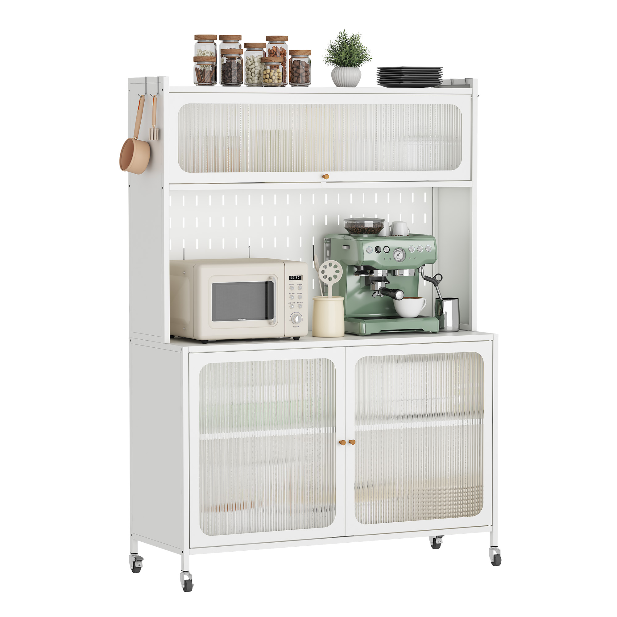 Kitchen Pantry Cabinet, Tall Storage Cabinet with Glass Doors & Adjustable Shelves, Cabinet Cupboard for Kitchen, Living Room, Dinning Room, White