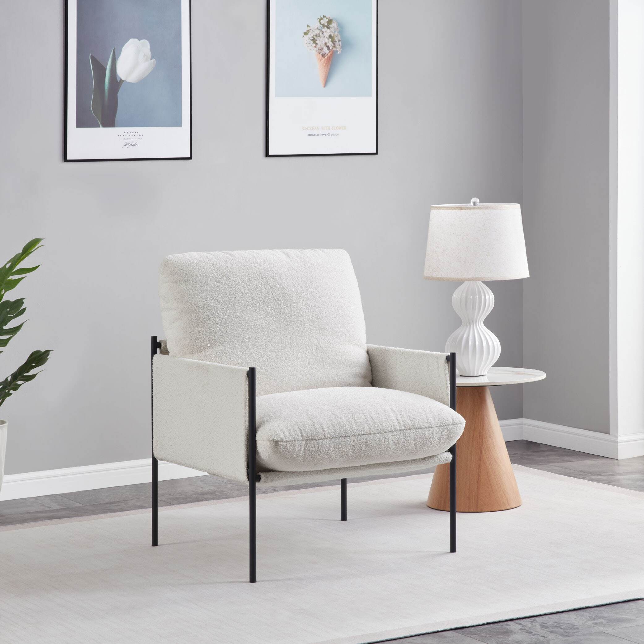 Modern Accent Chair, Comfy Chair with  Removable Cushion, Vanity Chair with Wood Armrests for Living  Room, Bedroom, White