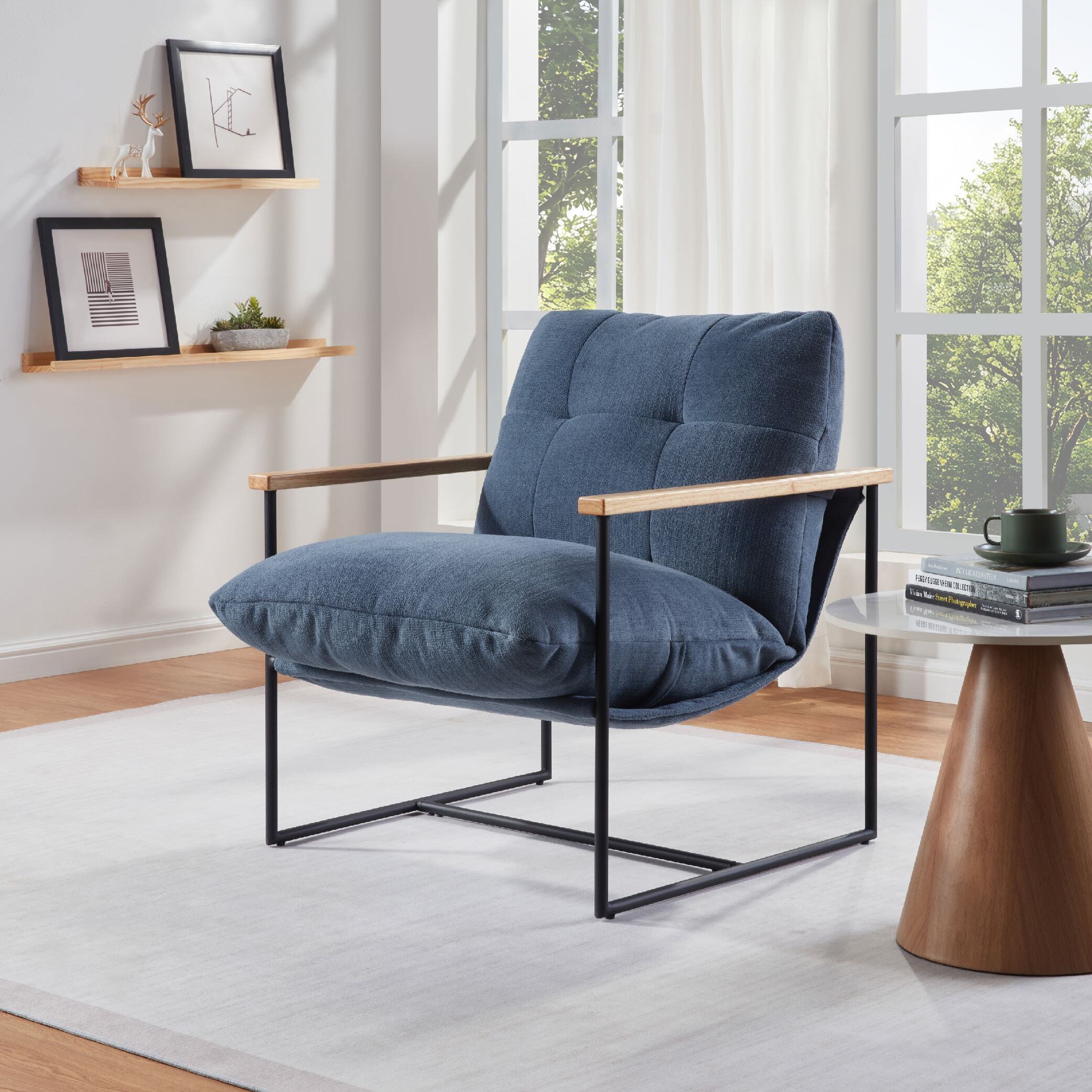 Modern Accent Chair, Comfy Chair with  Removable Cushion, Vanity Chair with Wood Armrests for Living  Room, Bedroom, Blue