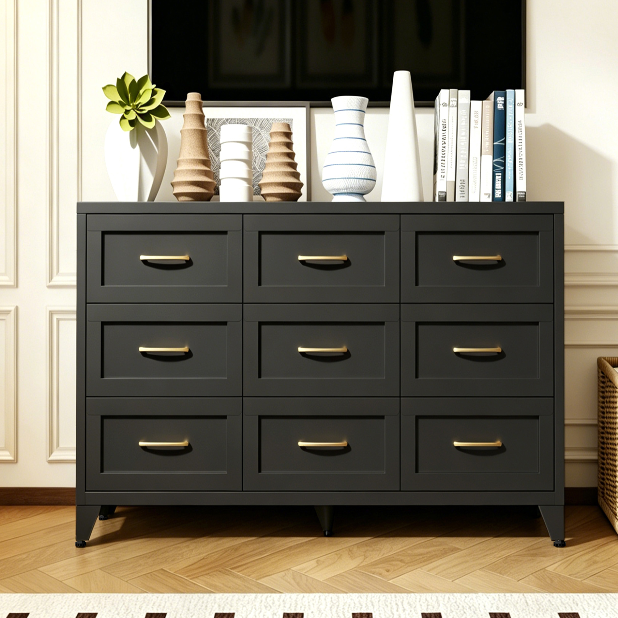 9 Drawer Dresser for Bedroom, Metal Profile Chest of Drawers, Black Bedroom Dresser with Steel Frame and Fabric Drawers, Large Storage Tower