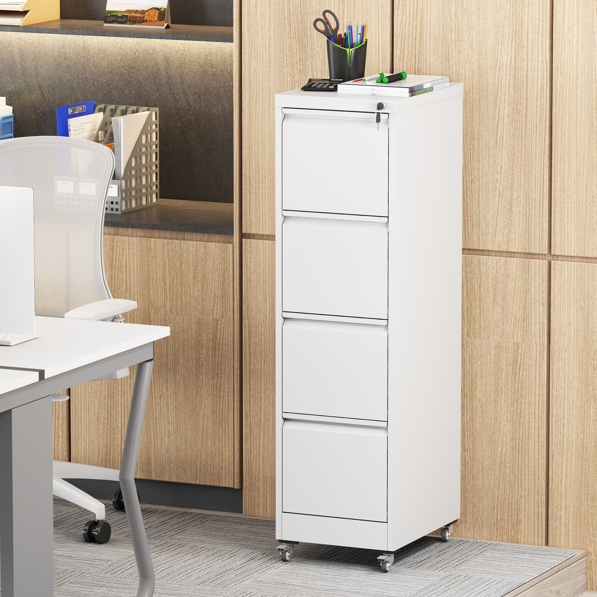 4 Drawer Metal Locking Vertical File Cabinet on Wheels