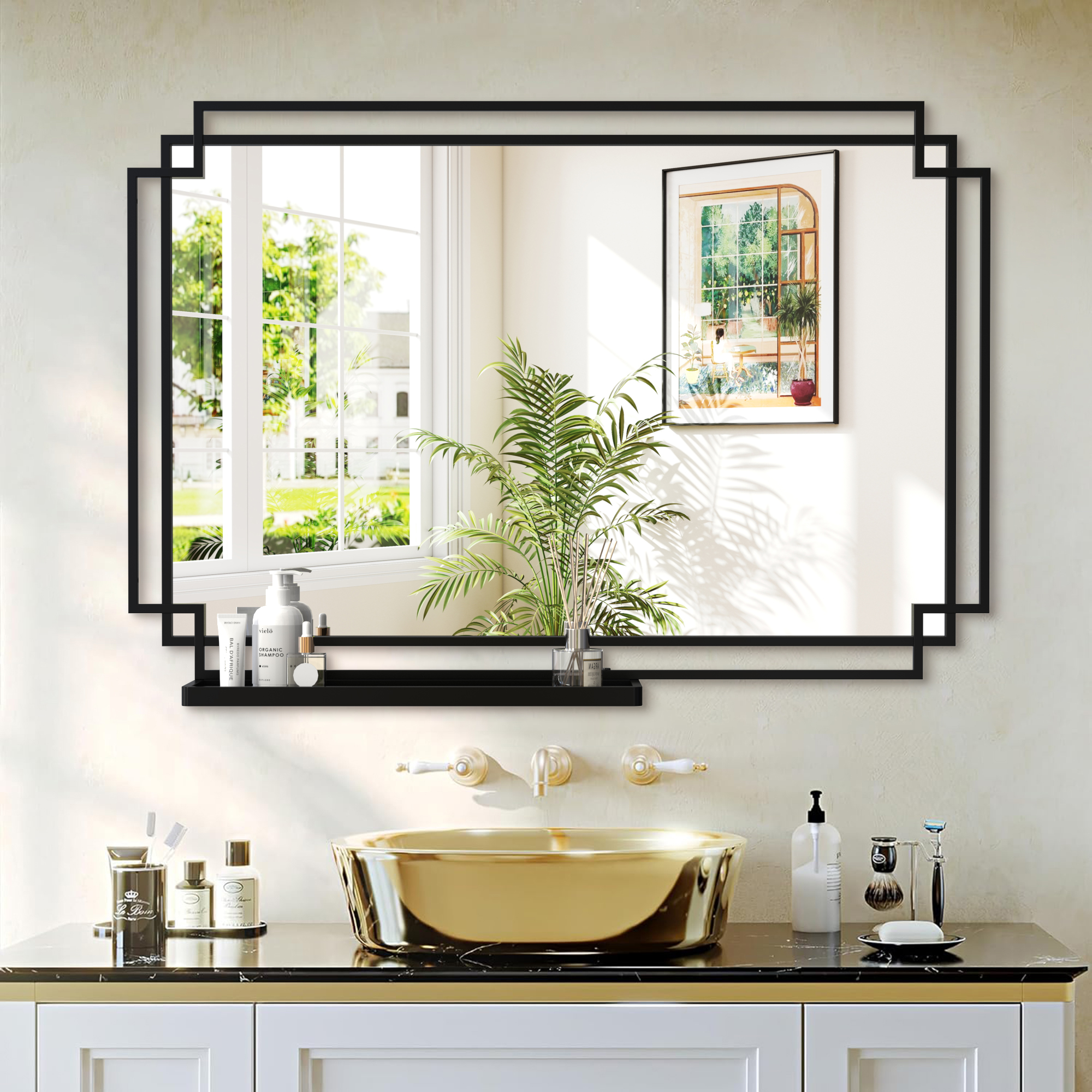 24*36 Ines Modern Vanity Mirror with Multi-functional Shelf, Large bathroom Mirror, Black Frame Decoration Mirror, Suitable for Bathroom, Living Room, Bedroom