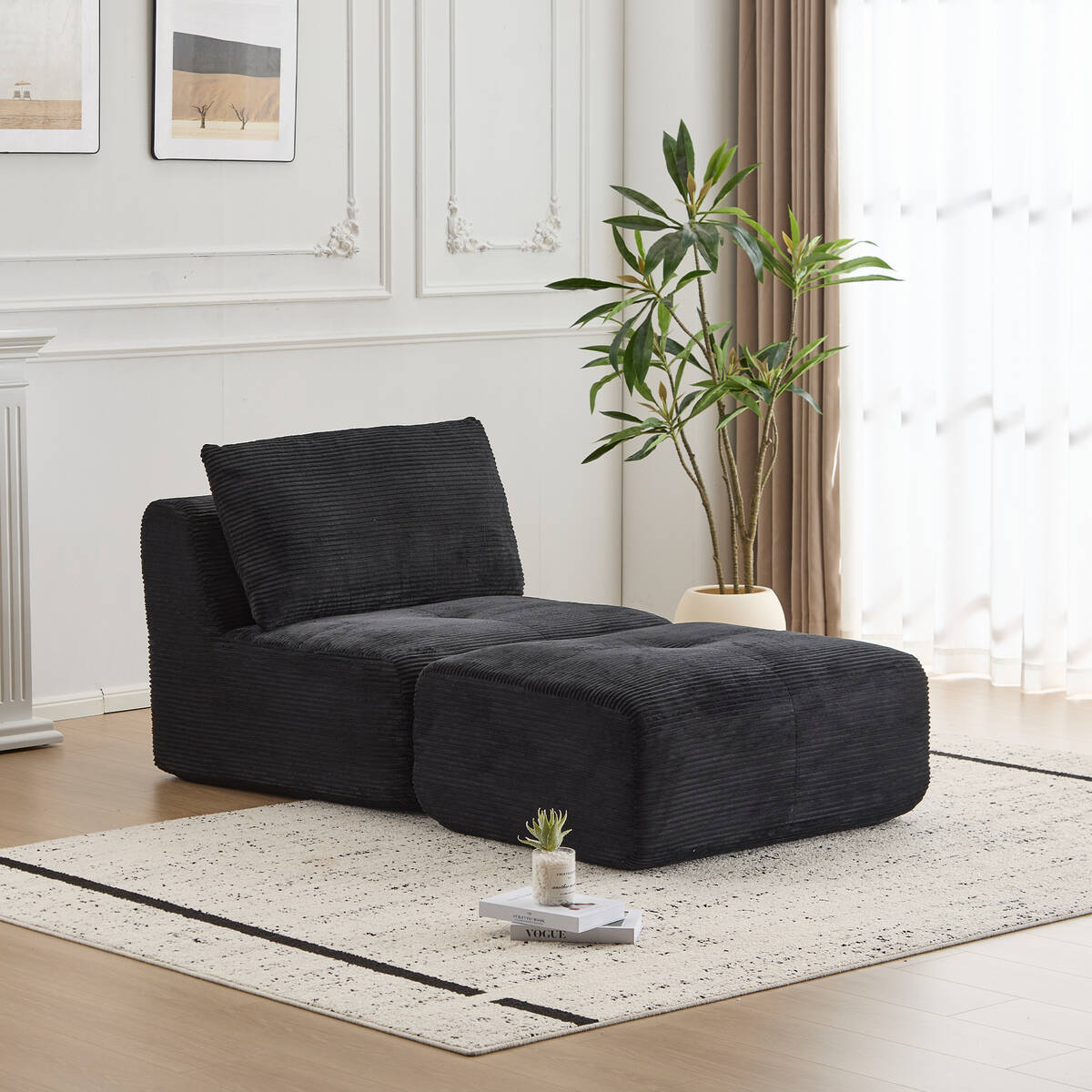 Modern Memory Foam Compressed Sofa,Single Chaise Longue for Living Room,Pet-Friendly Cloud Modular Sectional Sofa,Corduroy Fabric,Movable Ottoman,No Assembly required,Black